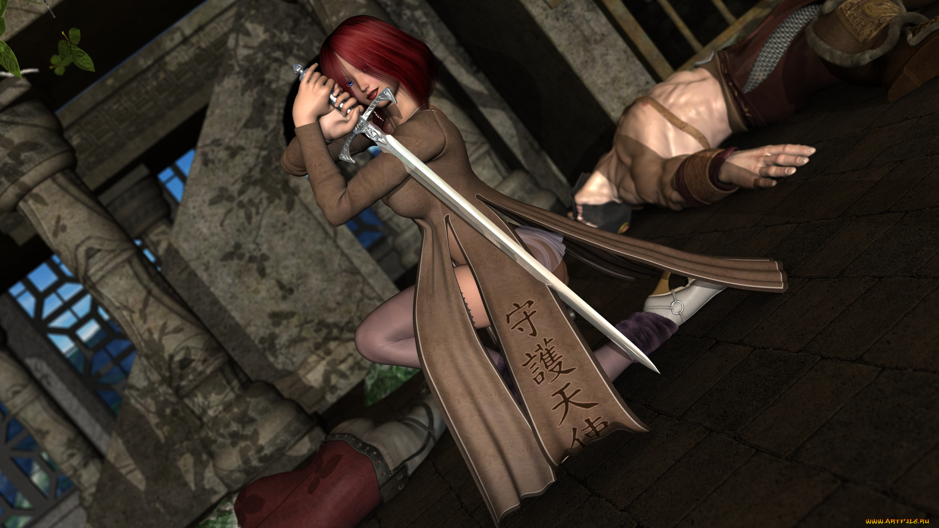 3д, графика, фантазия, , fantasy, рыжая, платье, меч, фон, взгляд, девушка