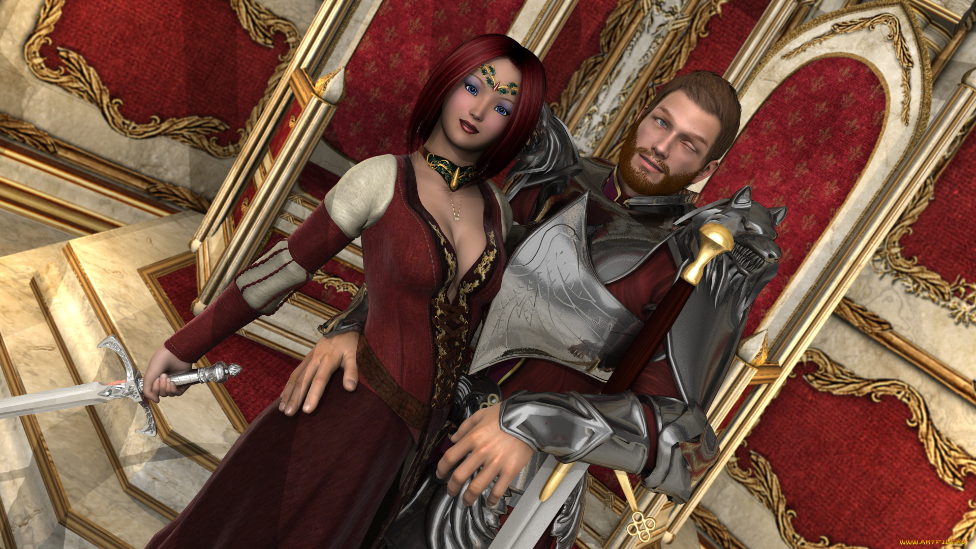 3д, графика, фракталы, , fractal, оружие, девушка, мужчина, диадема