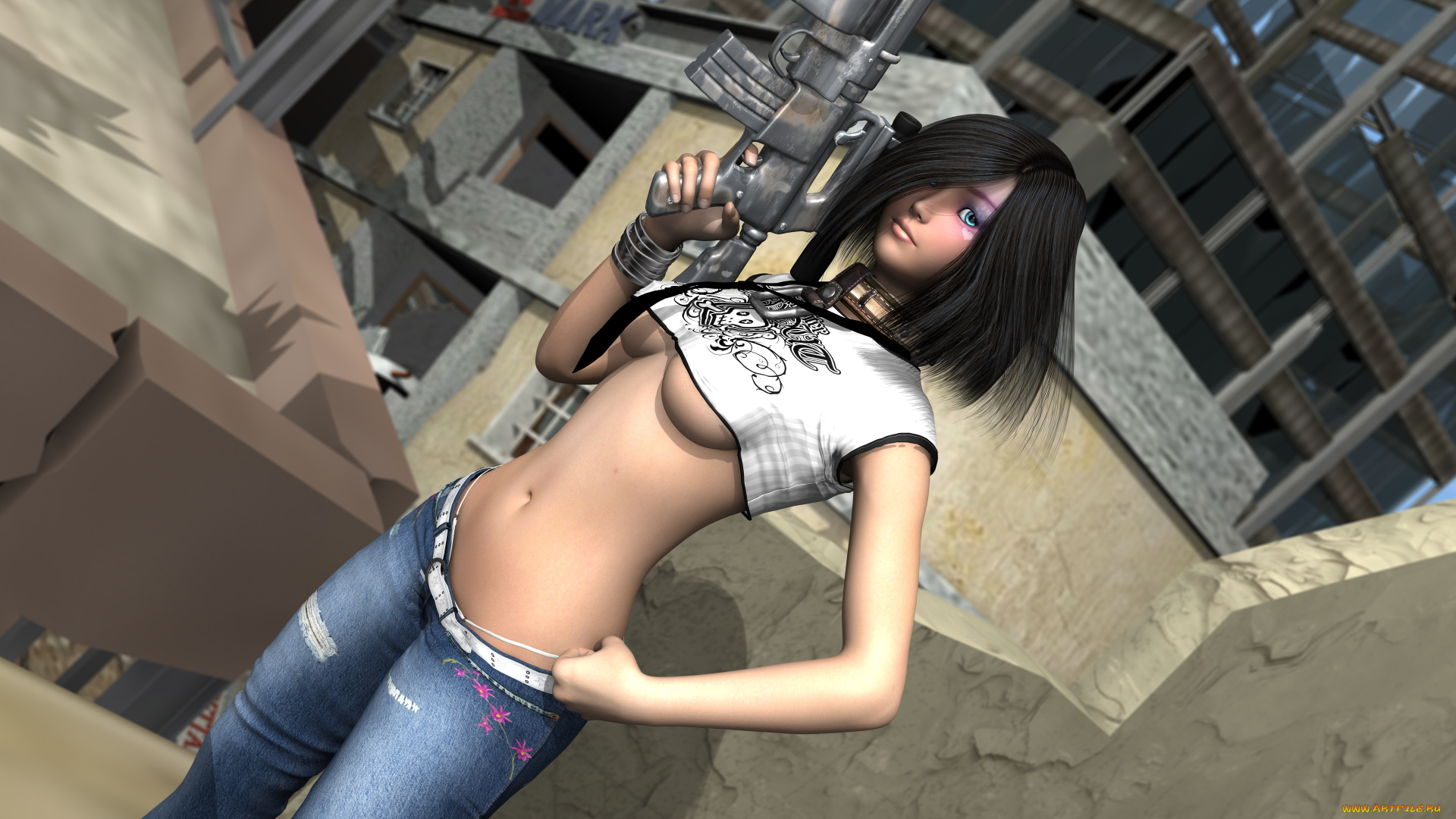 3д, графика, фракталы, , fractal, оружие, фон, взгляд, девушка