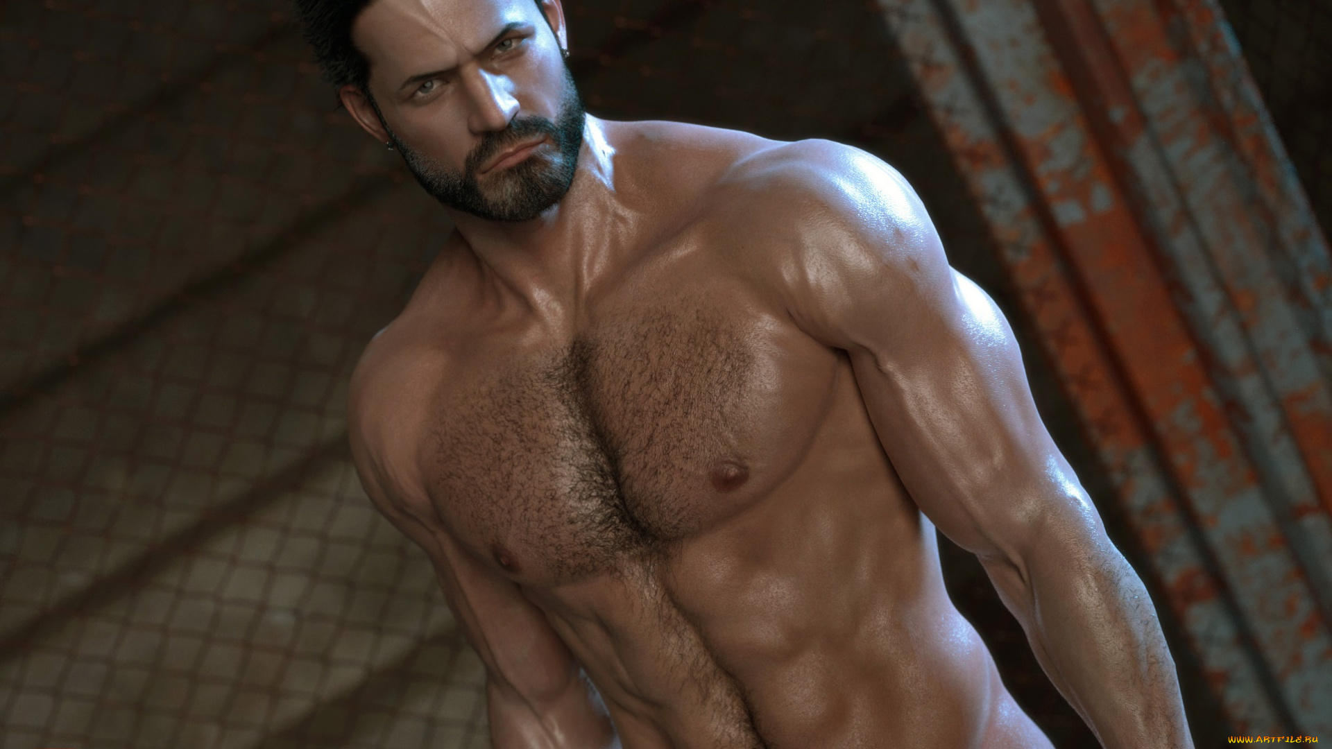 3д, графика, люди, , people, брюнет, взгляд, мускулы, обнажён, тело, мужчина
