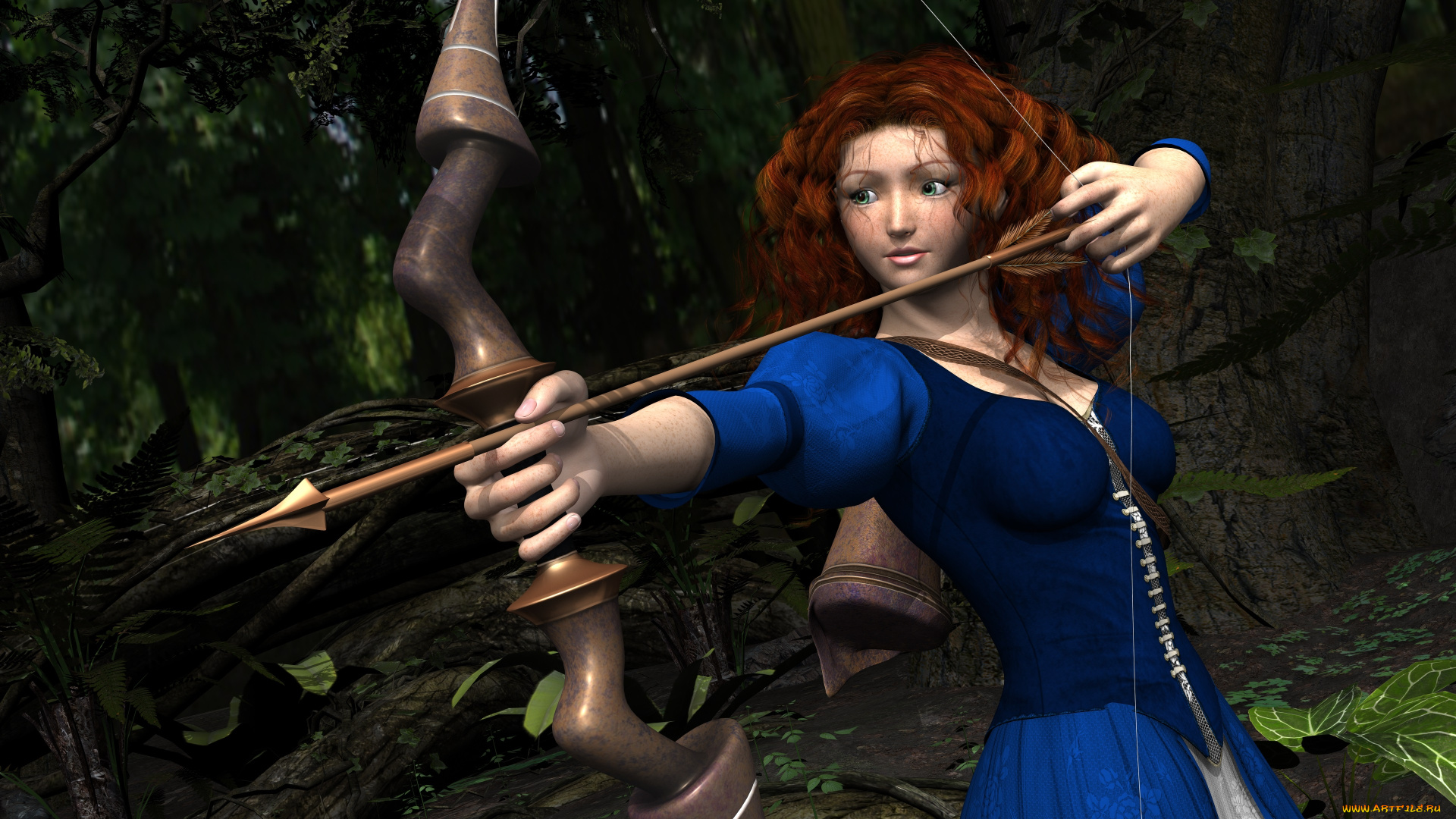 3д, графика, люди, , people, девушка, взгляд, фон, лук, стрела