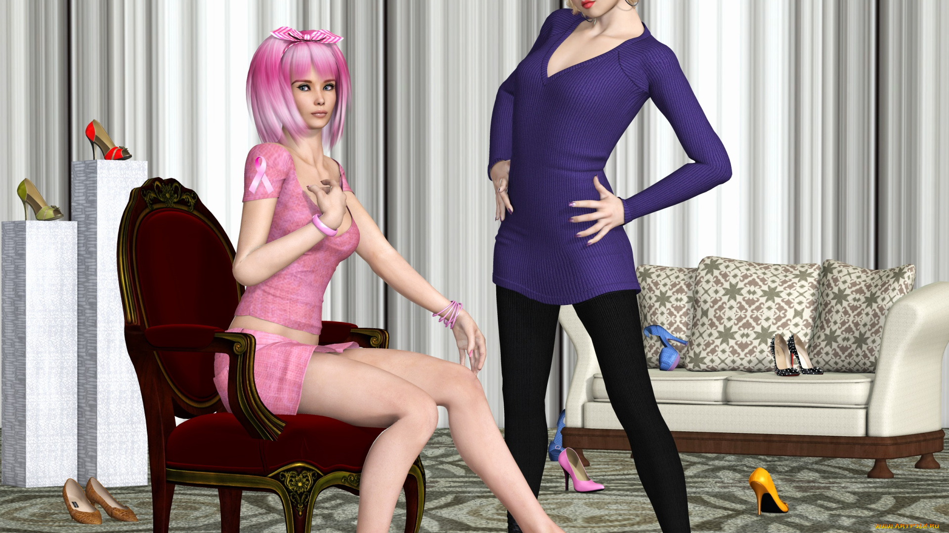 3д, графика, люди, , people, девушки, взгляд, фон, кресло, кровать, обувь, шторы