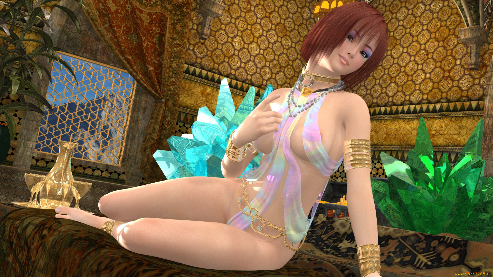 3д, графика, люди, , people, рыжая, девушка, кровать, алмазы, взгляд