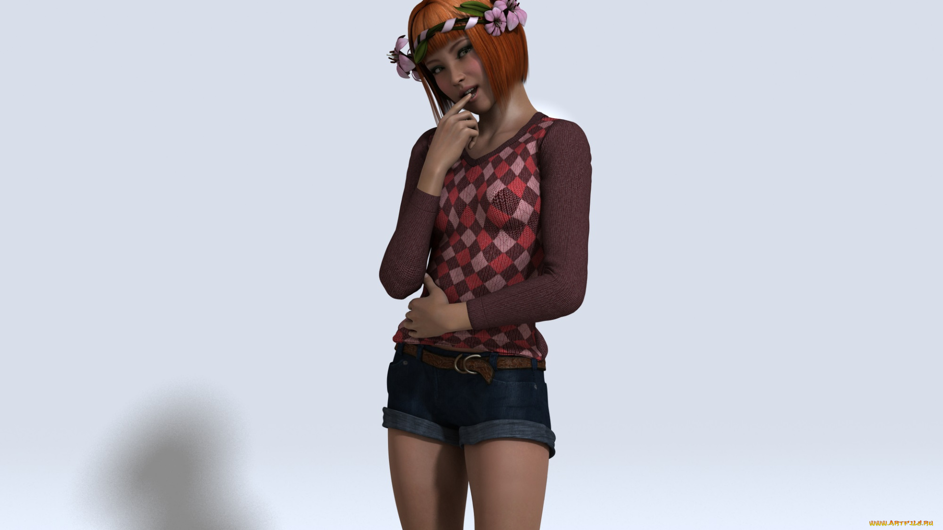 3д, графика, люди, , people, улыбка, венок, фон, взгляд, девушка, рыжая, шорты