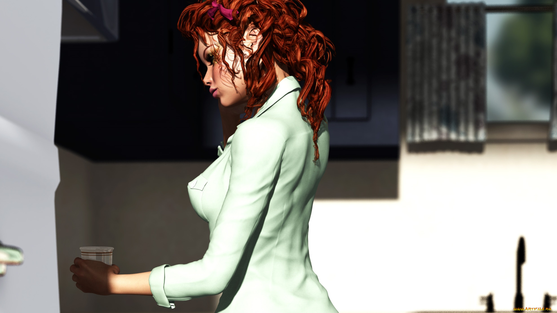 3д, графика, люди, , people, волосы, рыжая, фон, взгляд, девушка