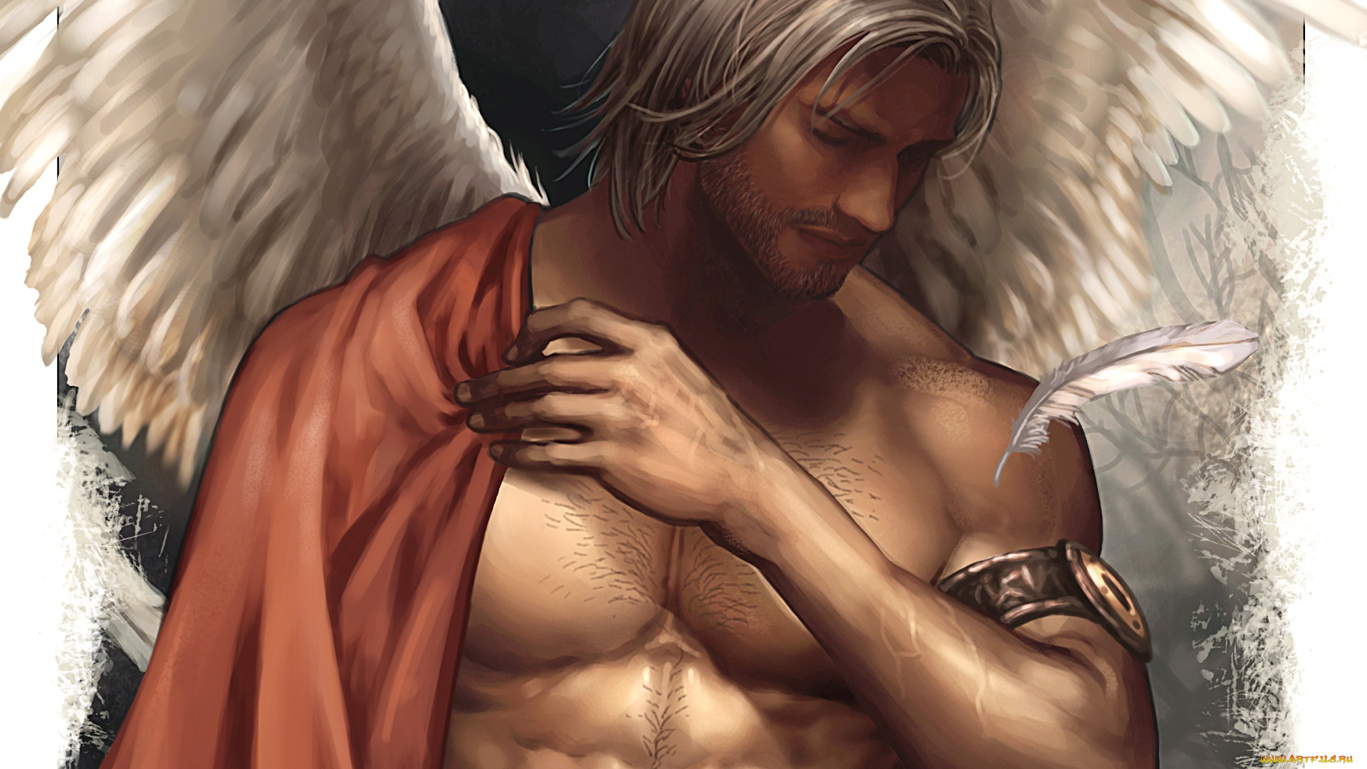 фэнтези, ангелы, торс, белые, волосы, фантастика, крылья, ангел, мужчина