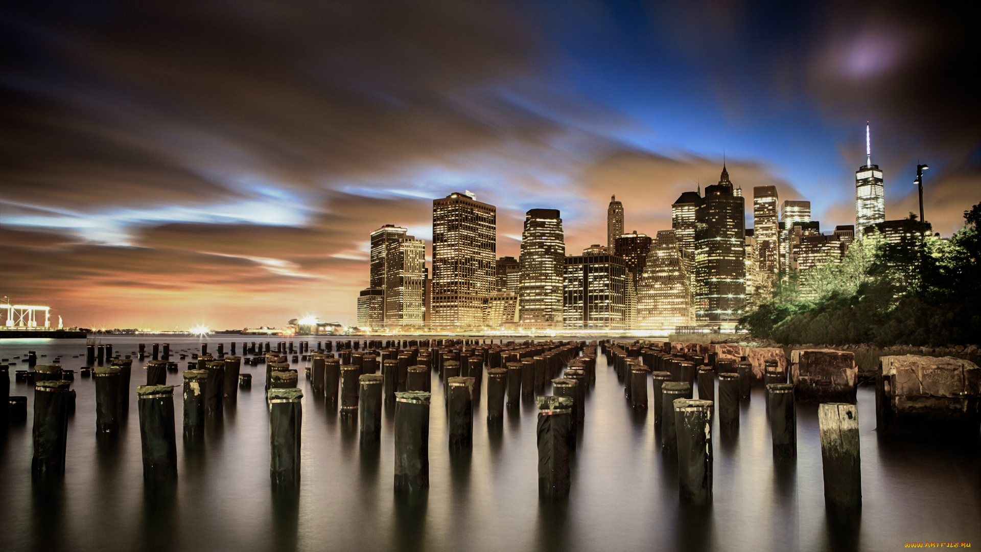 города, нью-йорк, , сша, океан, сваи, небоскребы, ночь