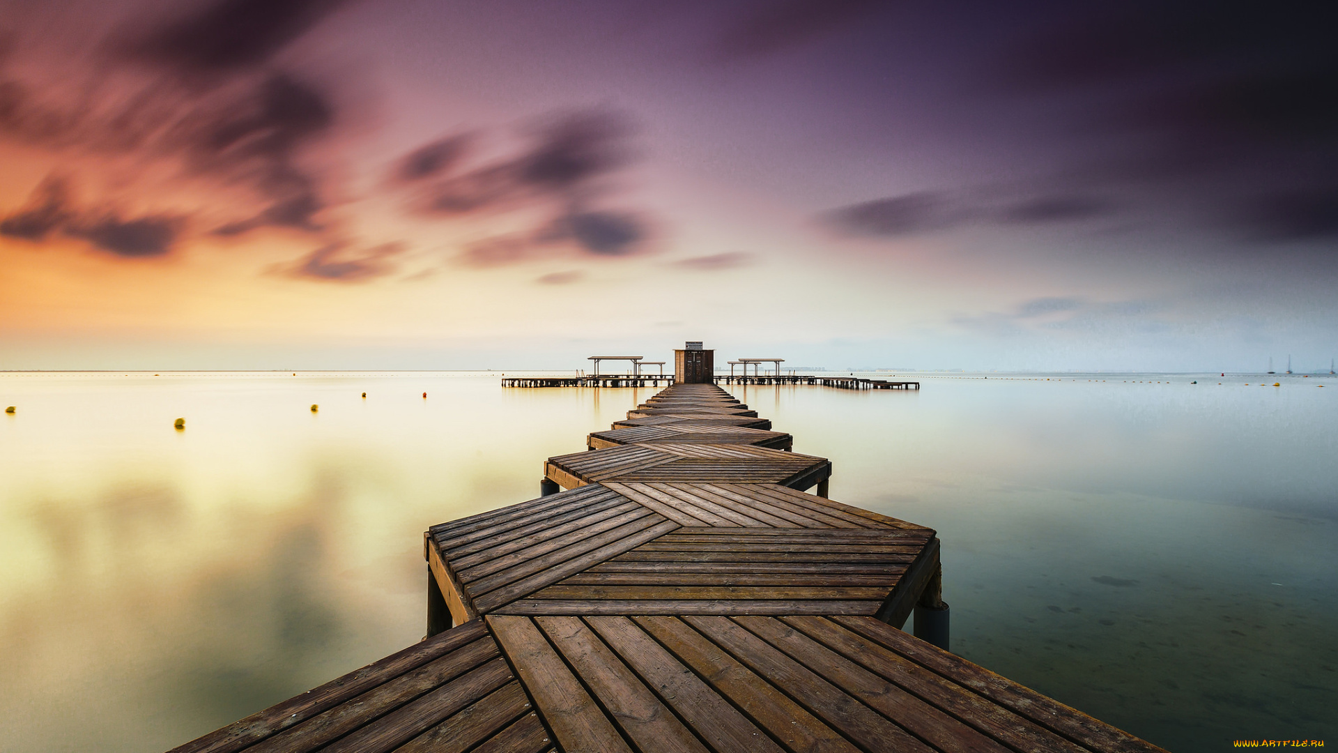 природа, побережье, зарево, мостки, океан, горизонт