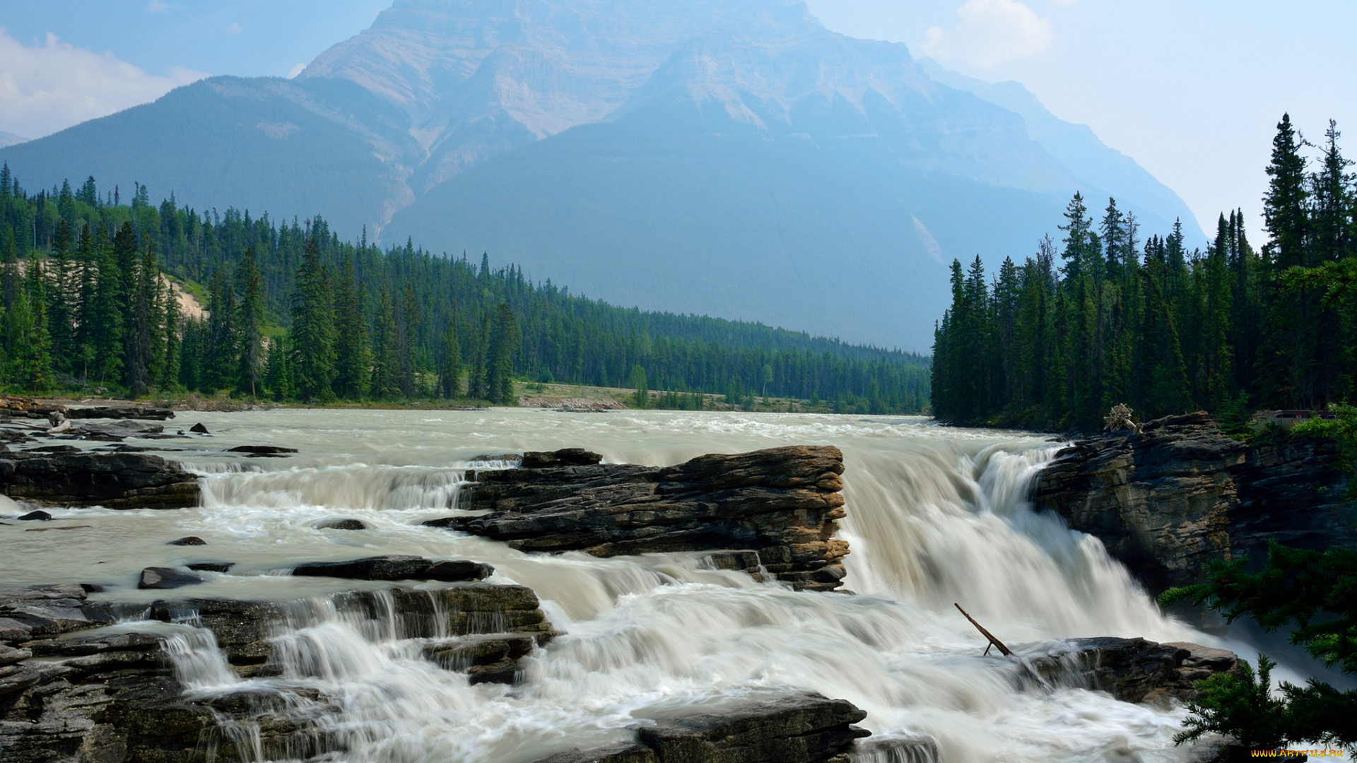 природа, водопады, пейзаж, горы, небо, ёлки