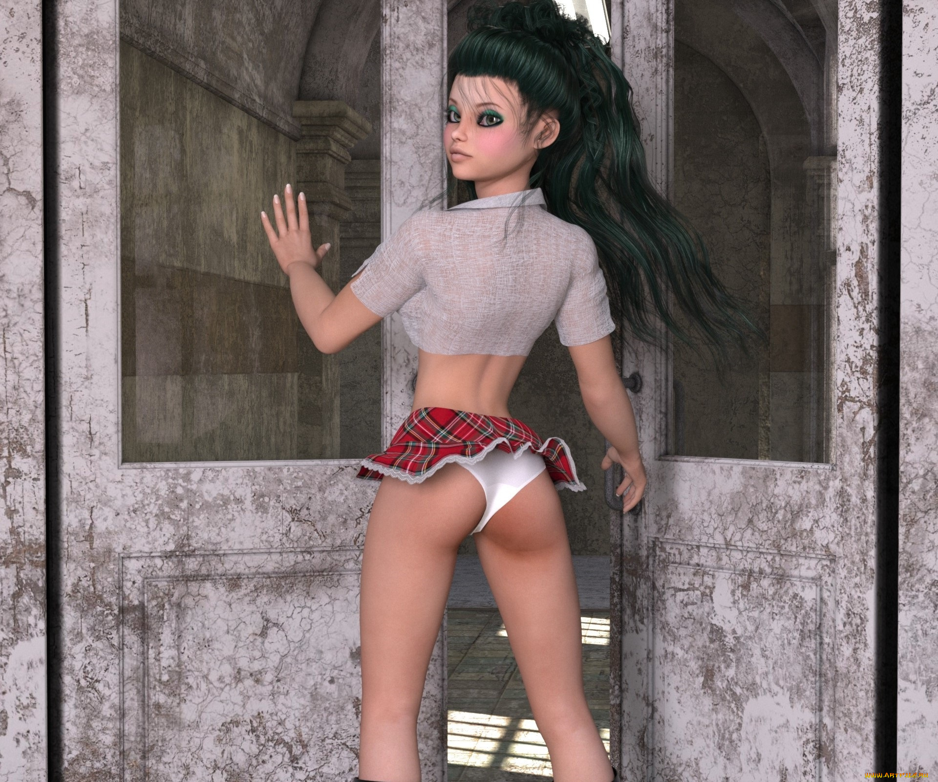 3д, графика, люди, , people, юбка, фон, взгляд, дверь, девушка