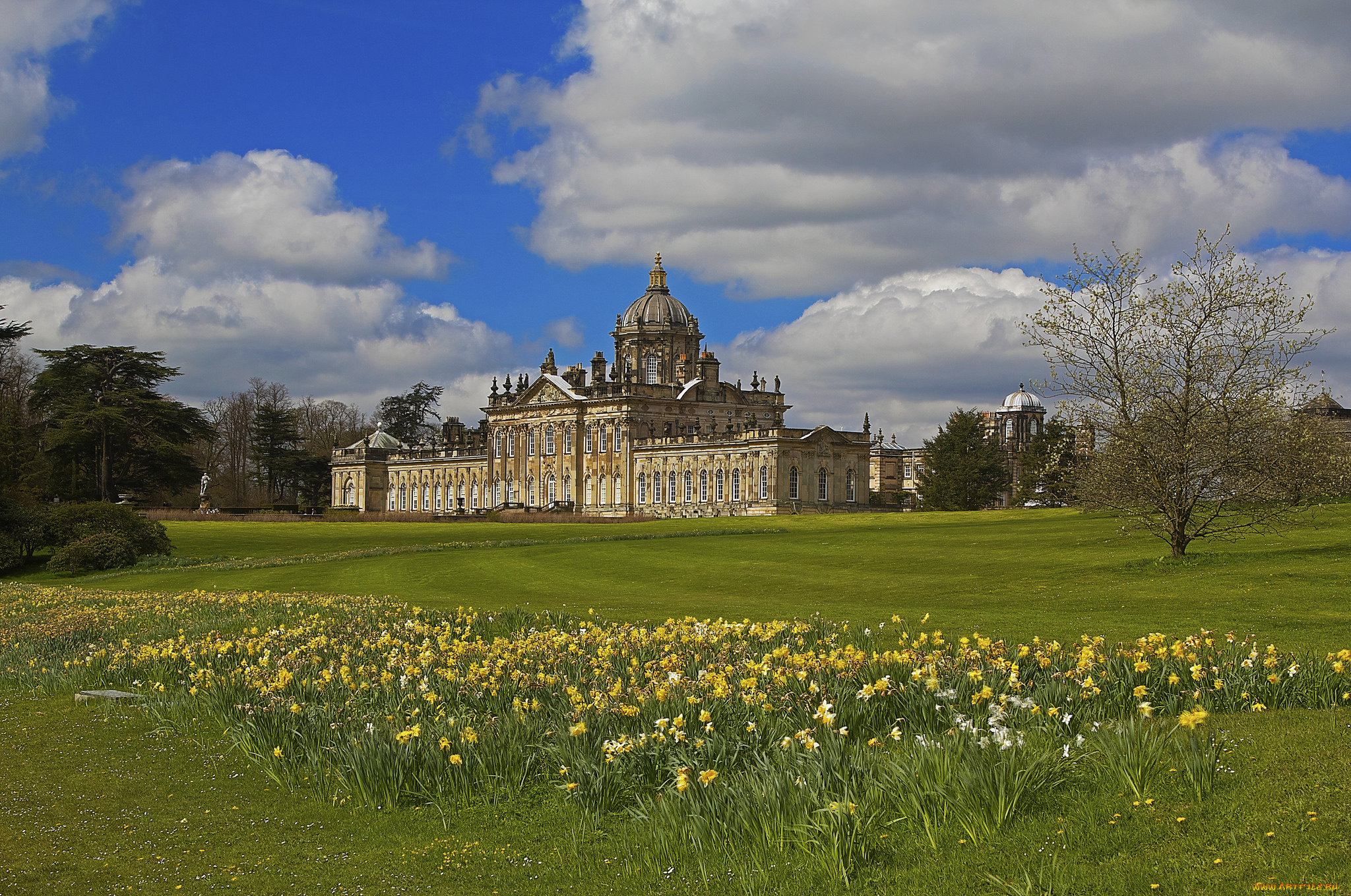 castle, howard, города, -, дворцы, , замки, , крепости, цветы, лужайка, замок