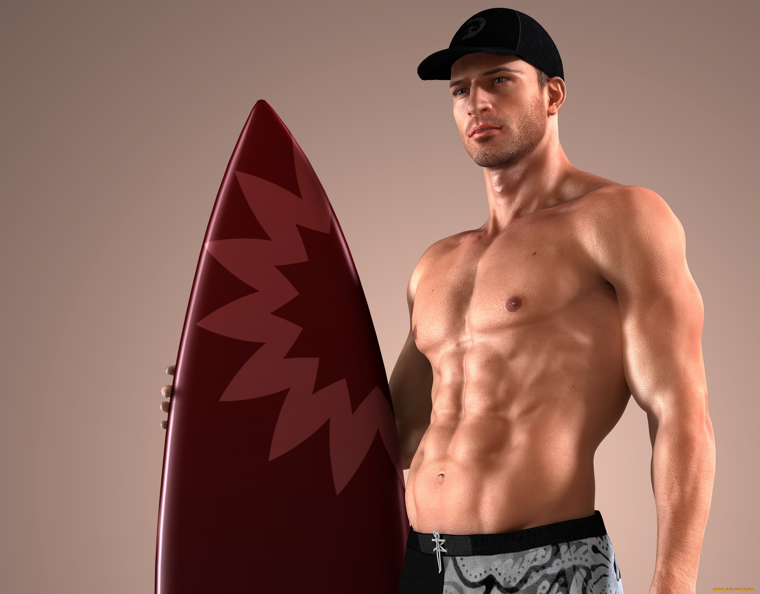 3д, графика, люди, , people, мужчина, взгляд, тело, обнажён, кепка, мускулы, фон, доска
