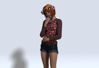 обоя 3д графика, люди , people, улыбка, венок, фон, взгляд, девушка, рыжая, шорты