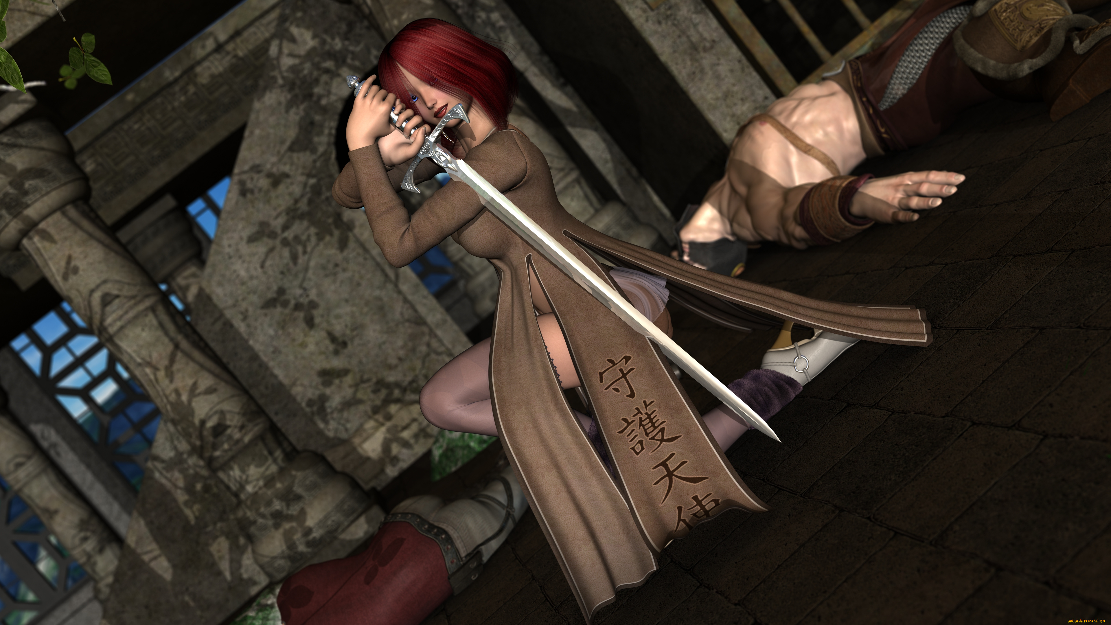 3д, графика, фантазия, , fantasy, рыжая, платье, меч, фон, взгляд, девушка