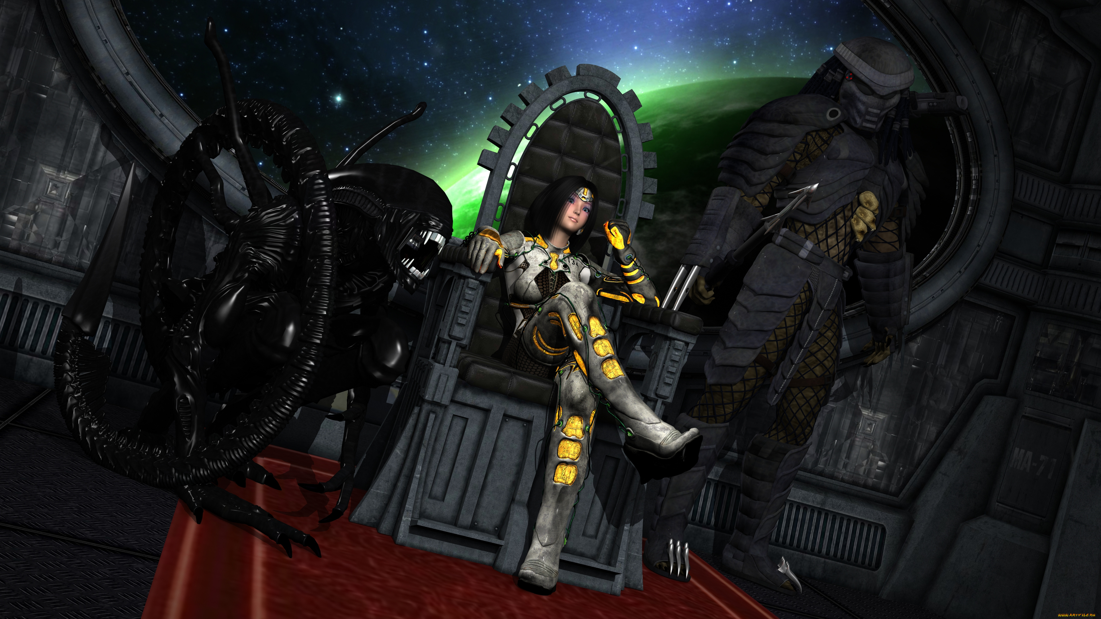 3д, графика, фантазия, , fantasy, существа, кресло, фон, взгляд, девушка