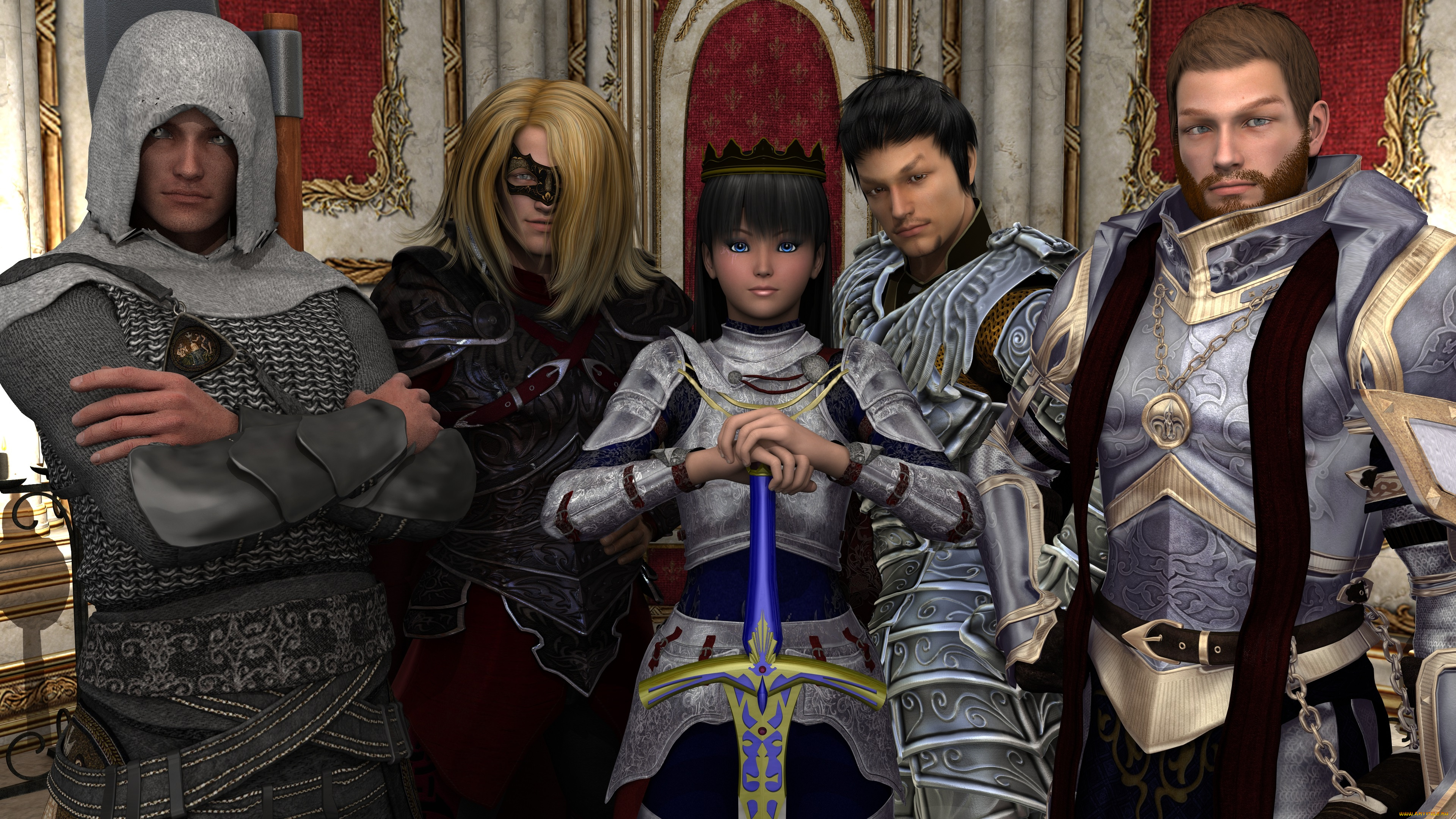 3д, графика, фантазия, , fantasy, взгляд, мужчины, доспехи, воины, накидки, девушка, меч