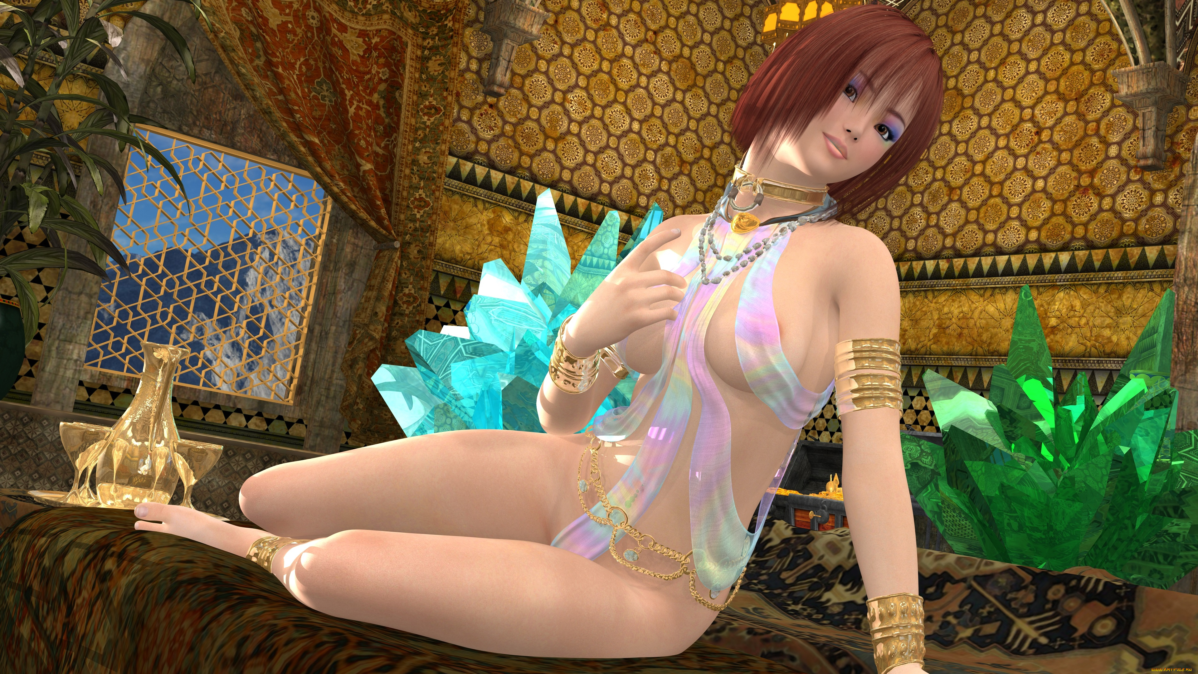 3д, графика, люди, , people, рыжая, девушка, кровать, алмазы, взгляд