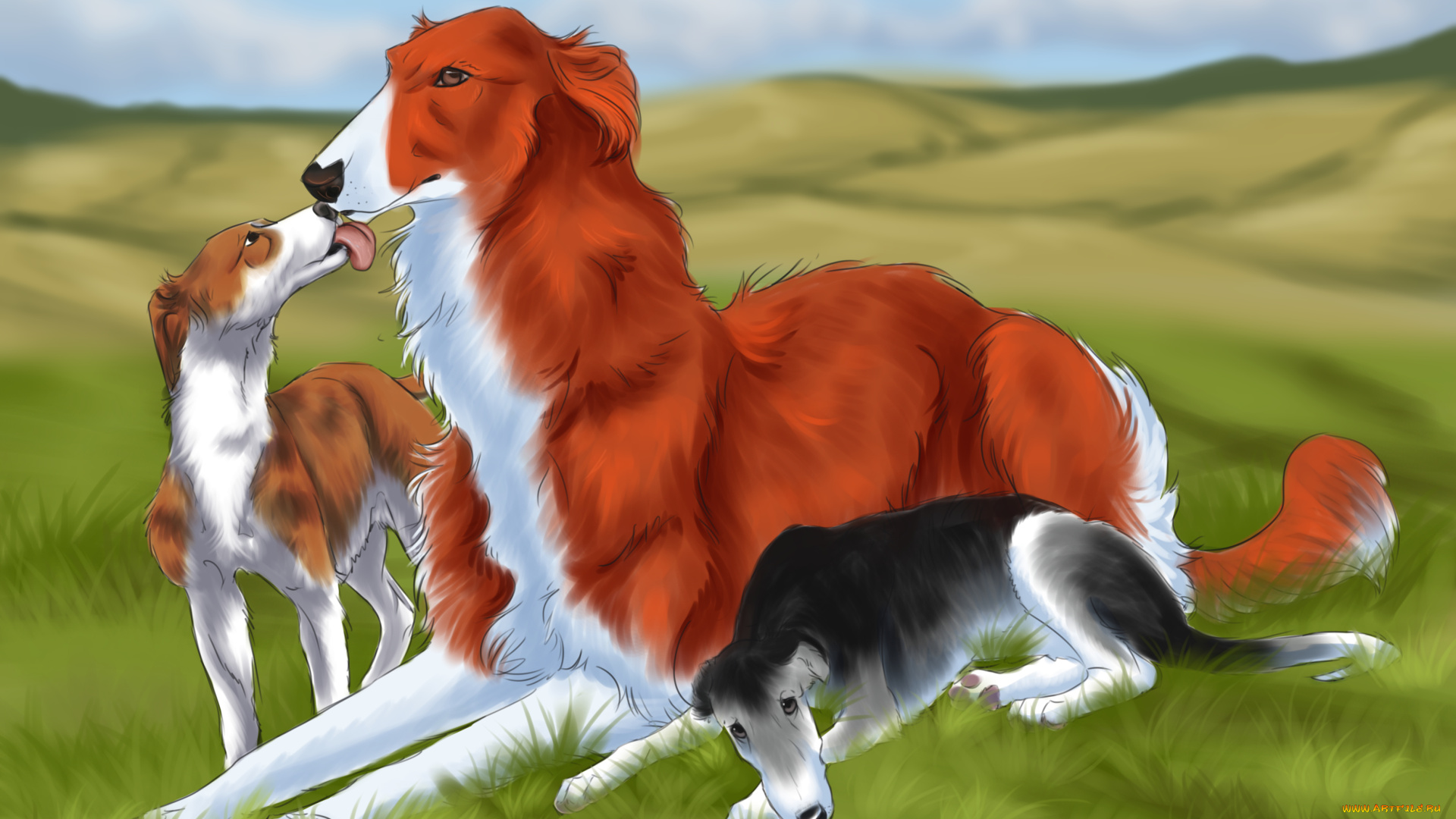 рисованное, животные, , собаки, собаки, луг