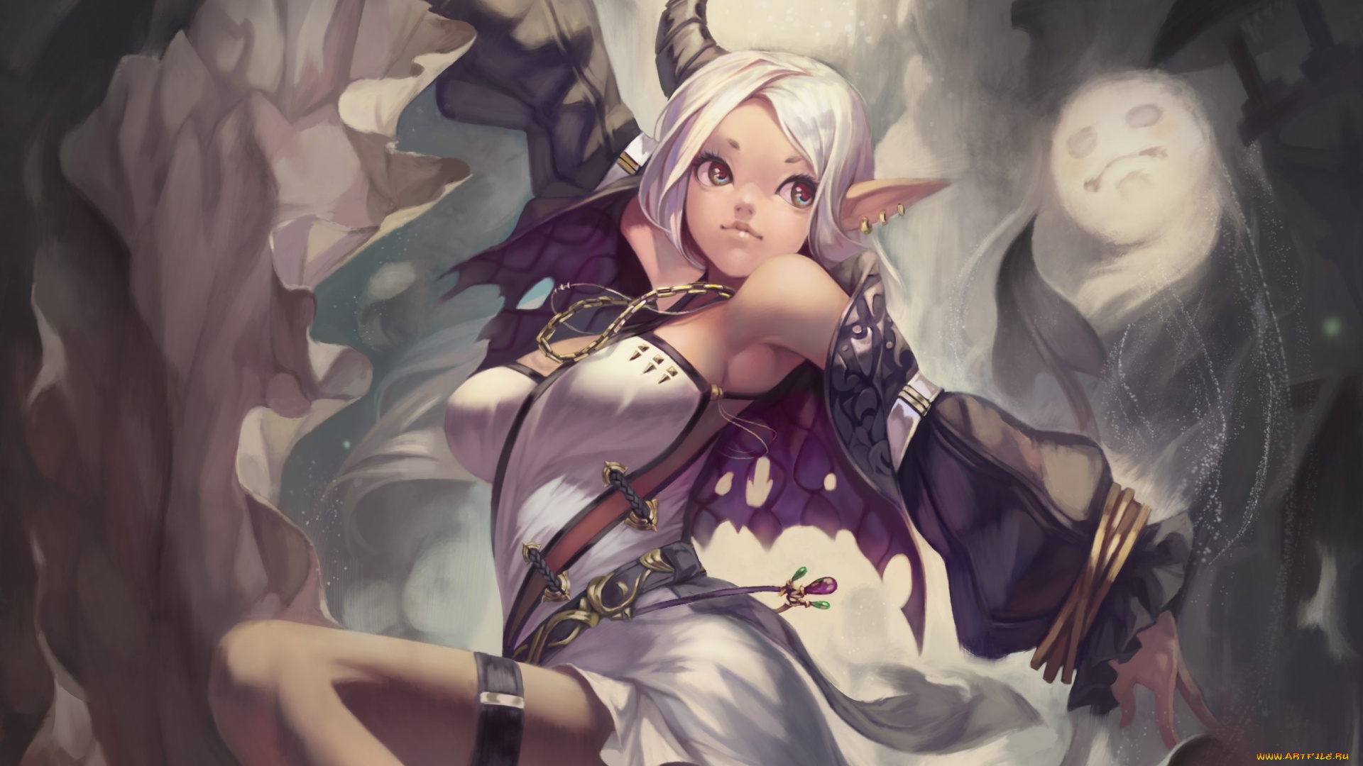 аниме, ангелы, , демоны, улыбка, weien, магия, девушка, рог, танец, art, жест