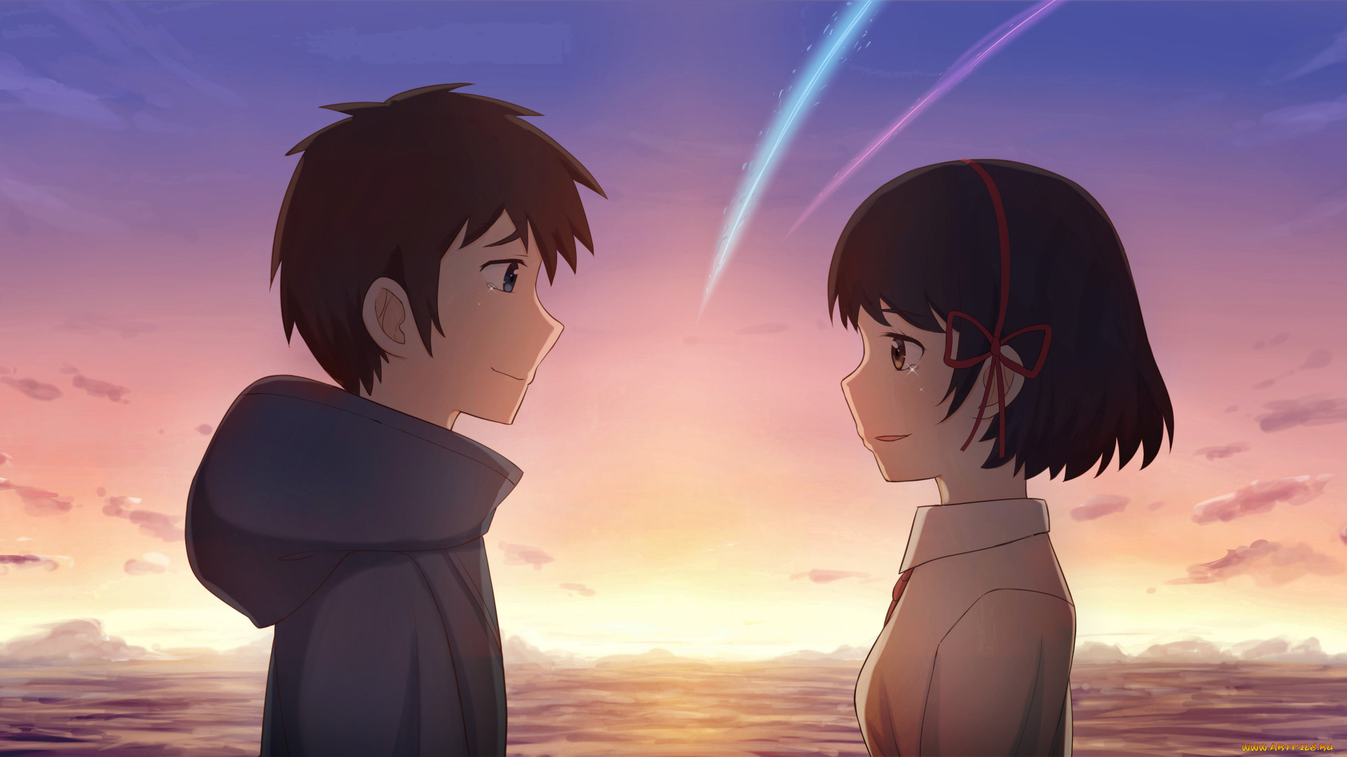 аниме, kimi, no, na, wa, девушка, взгляд, парень, фон