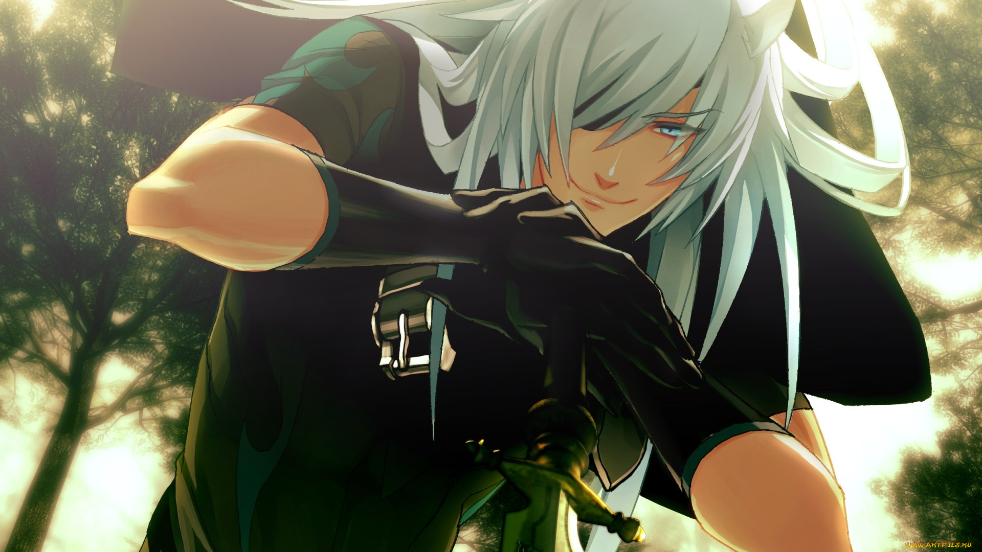 аниме, lamento, меч, уши, улыбка, парень, перчатки