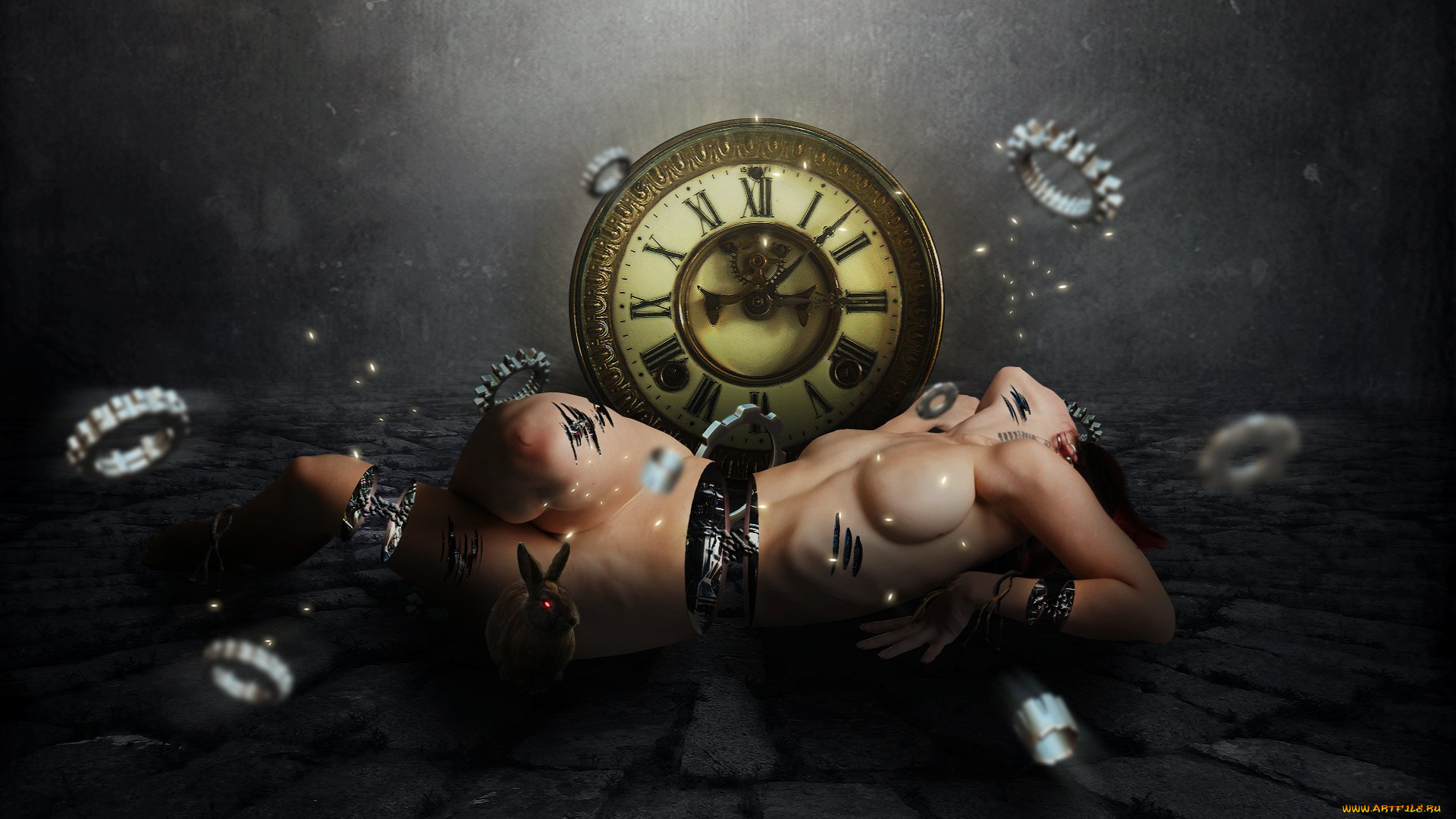 фэнтези, роботы, , киборги, , механизмы, девушка, шестеренки, часы, заяц, биоробот, тело