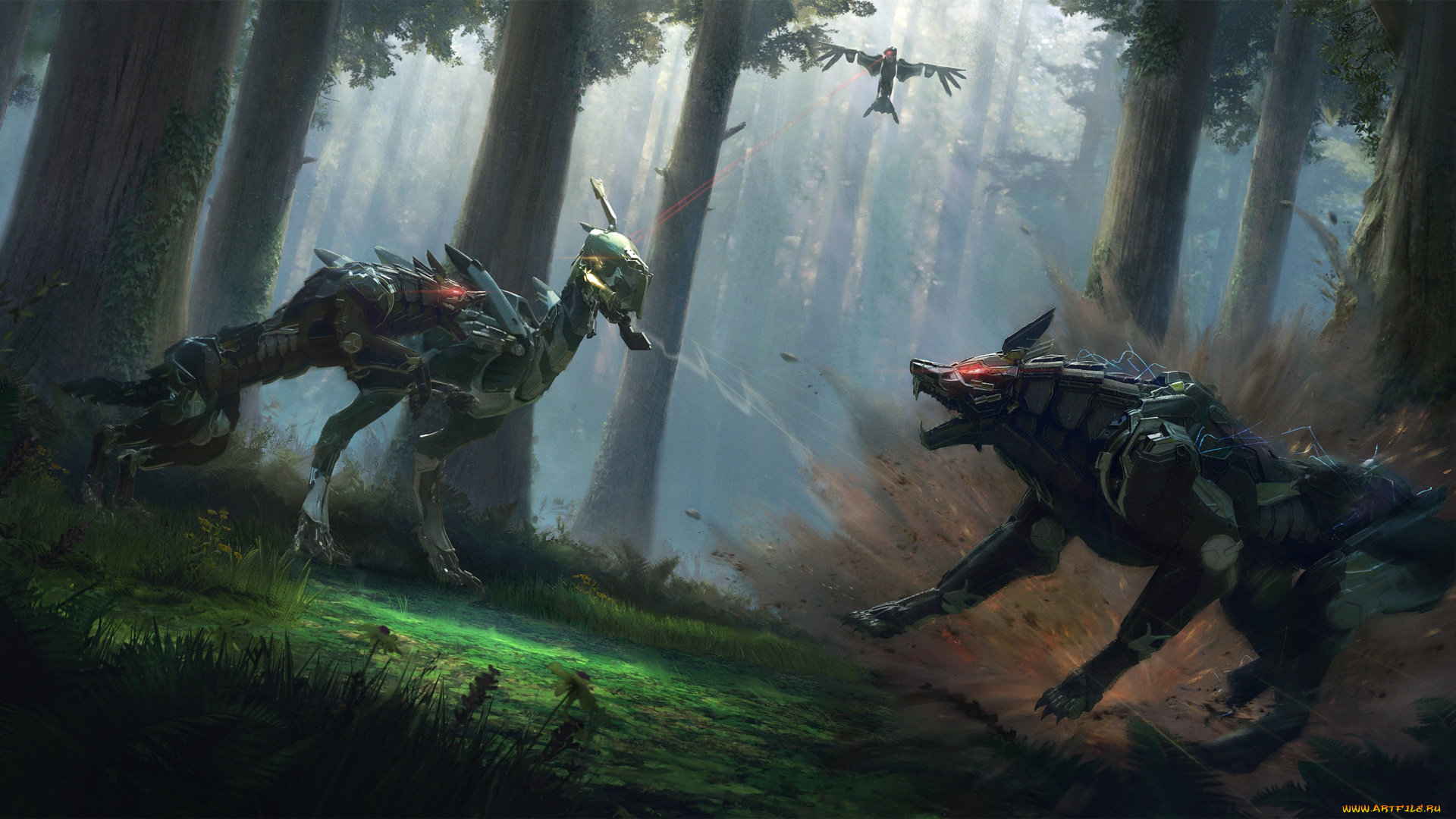 фэнтези, роботы, , киборги, , механизмы, фантастика, волк, схватка, птица, ворон