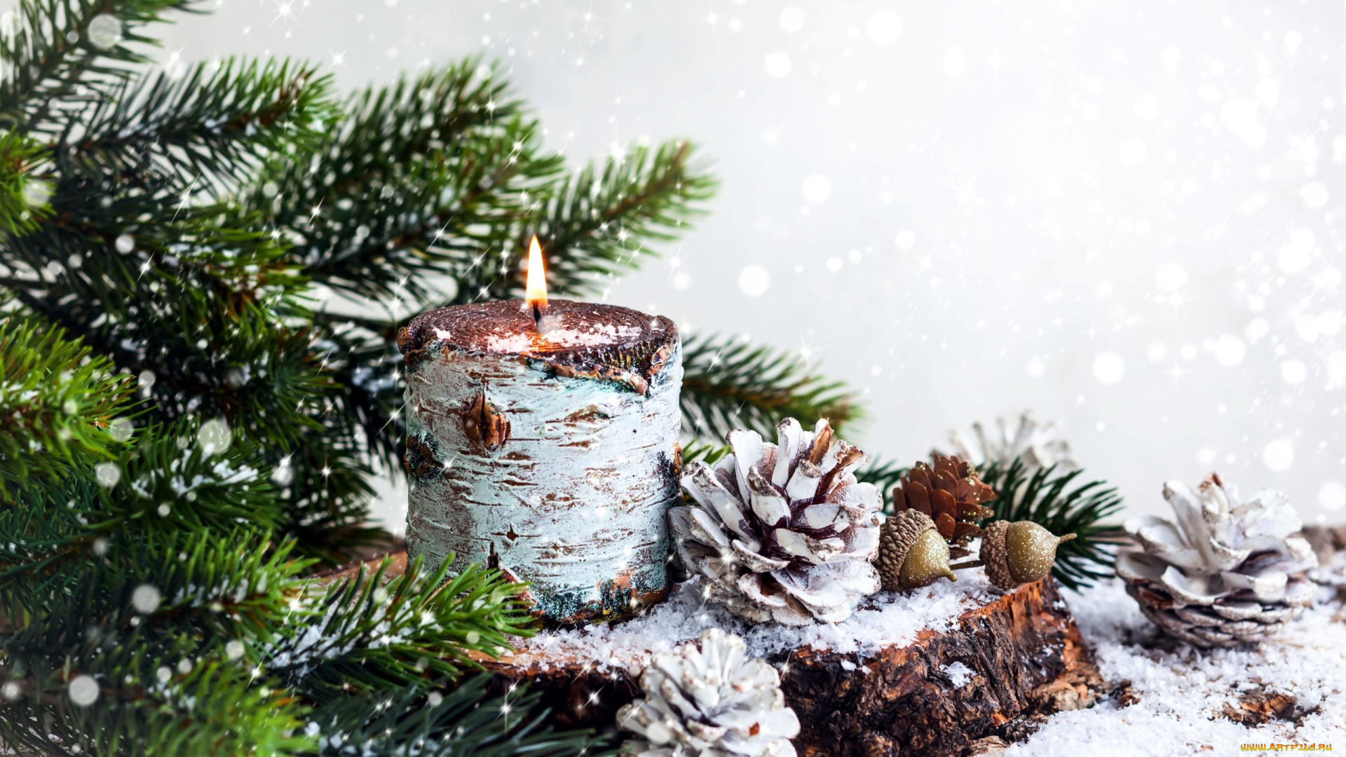 праздничные, новогодние, свечи, жолуди, свеча, ветка, еловая, шишки