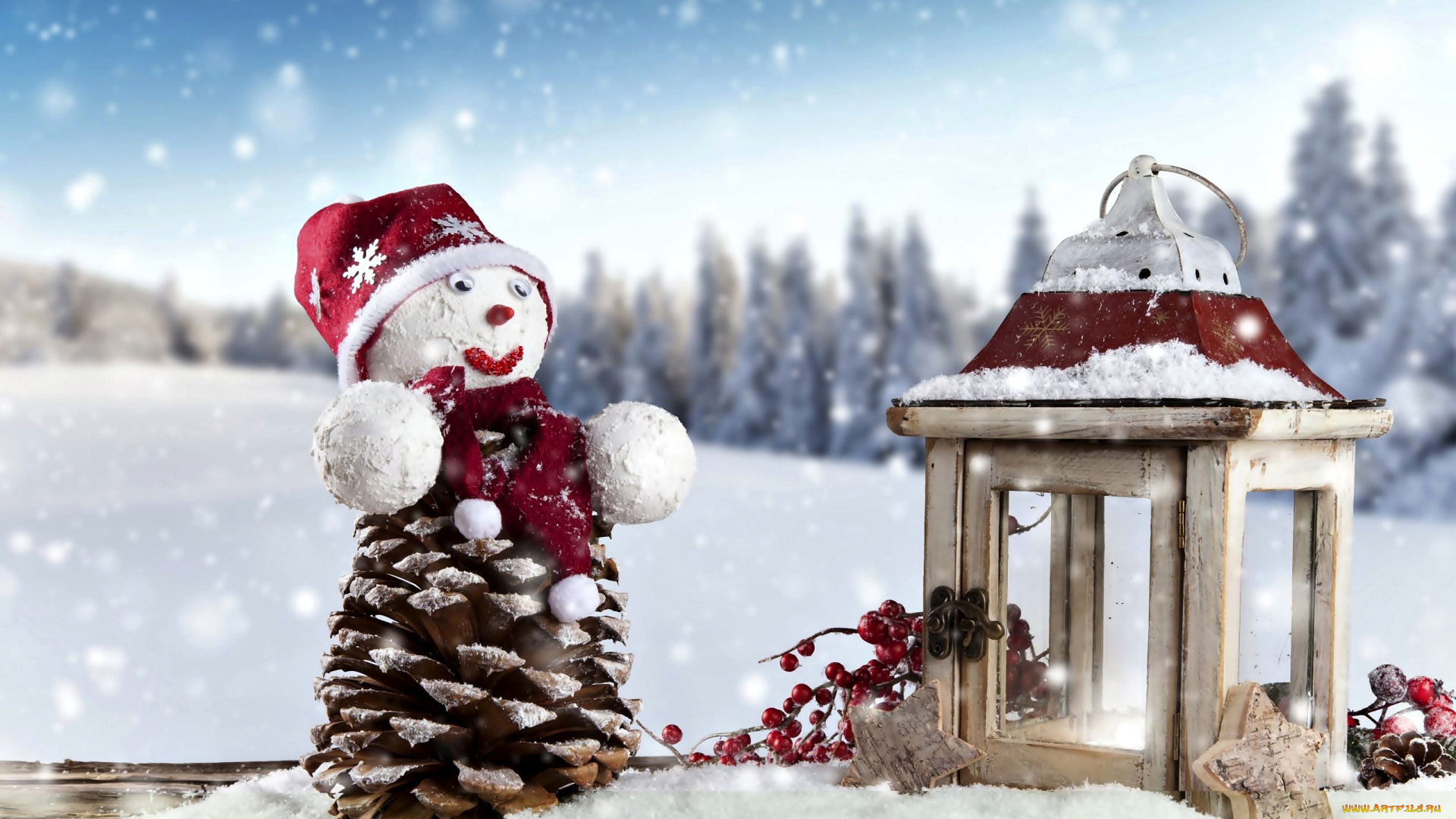 праздничные, снеговики, снег, фонарь, шишка