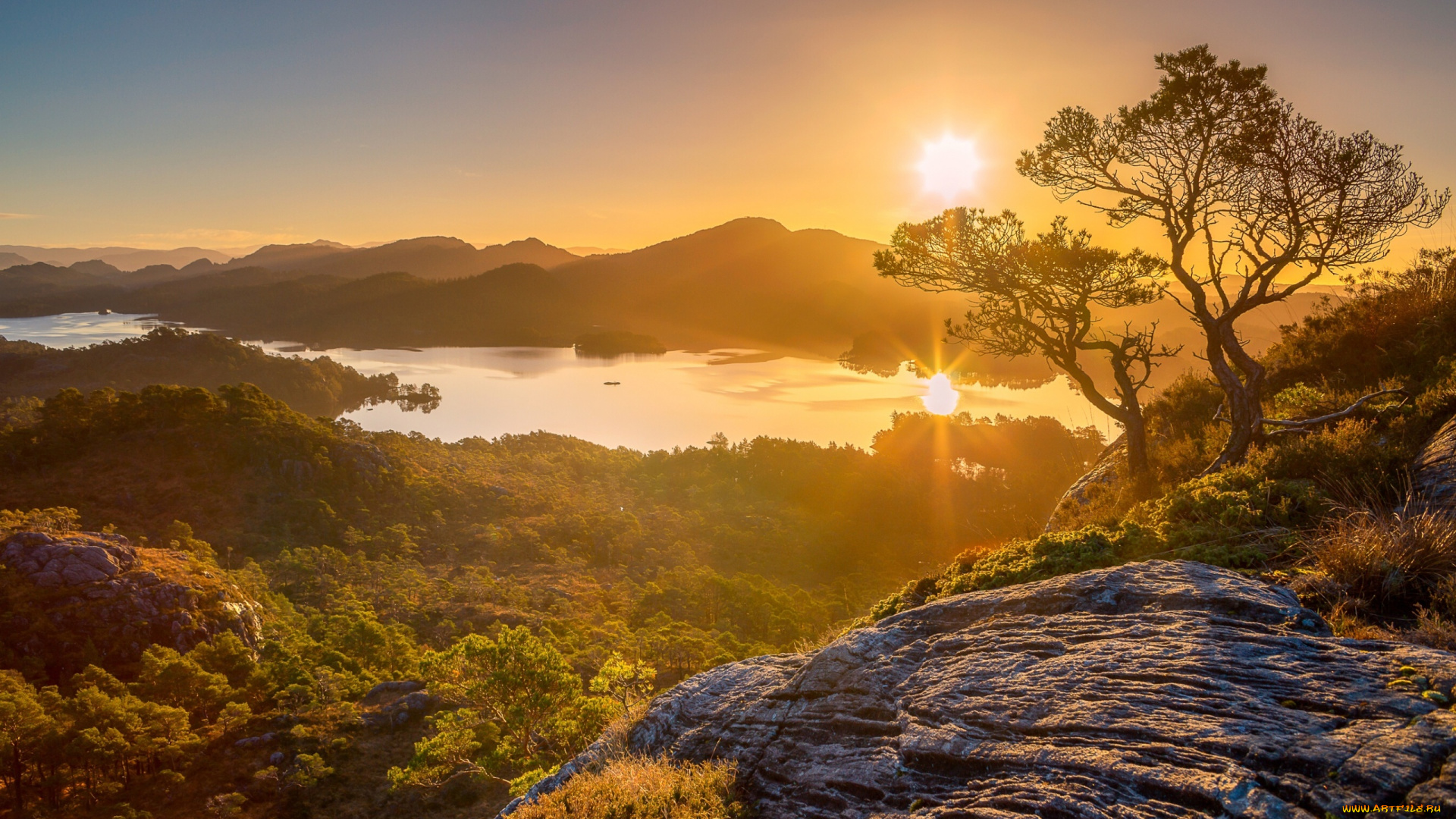 природа, восходы, закаты, горы, панорама, деревья