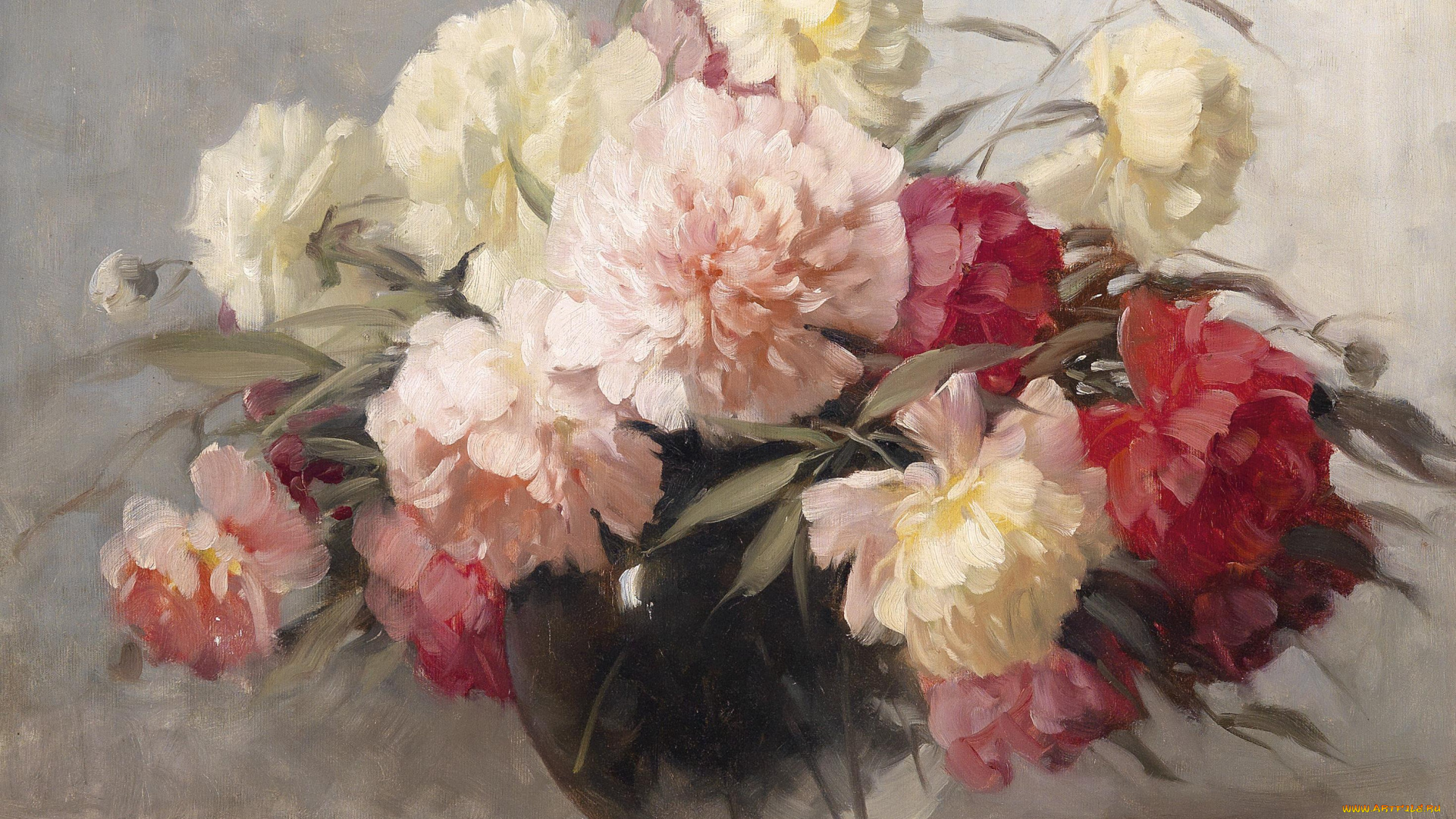 рисованное, живопись, пионы, ваза, букет, цветы, лепестки