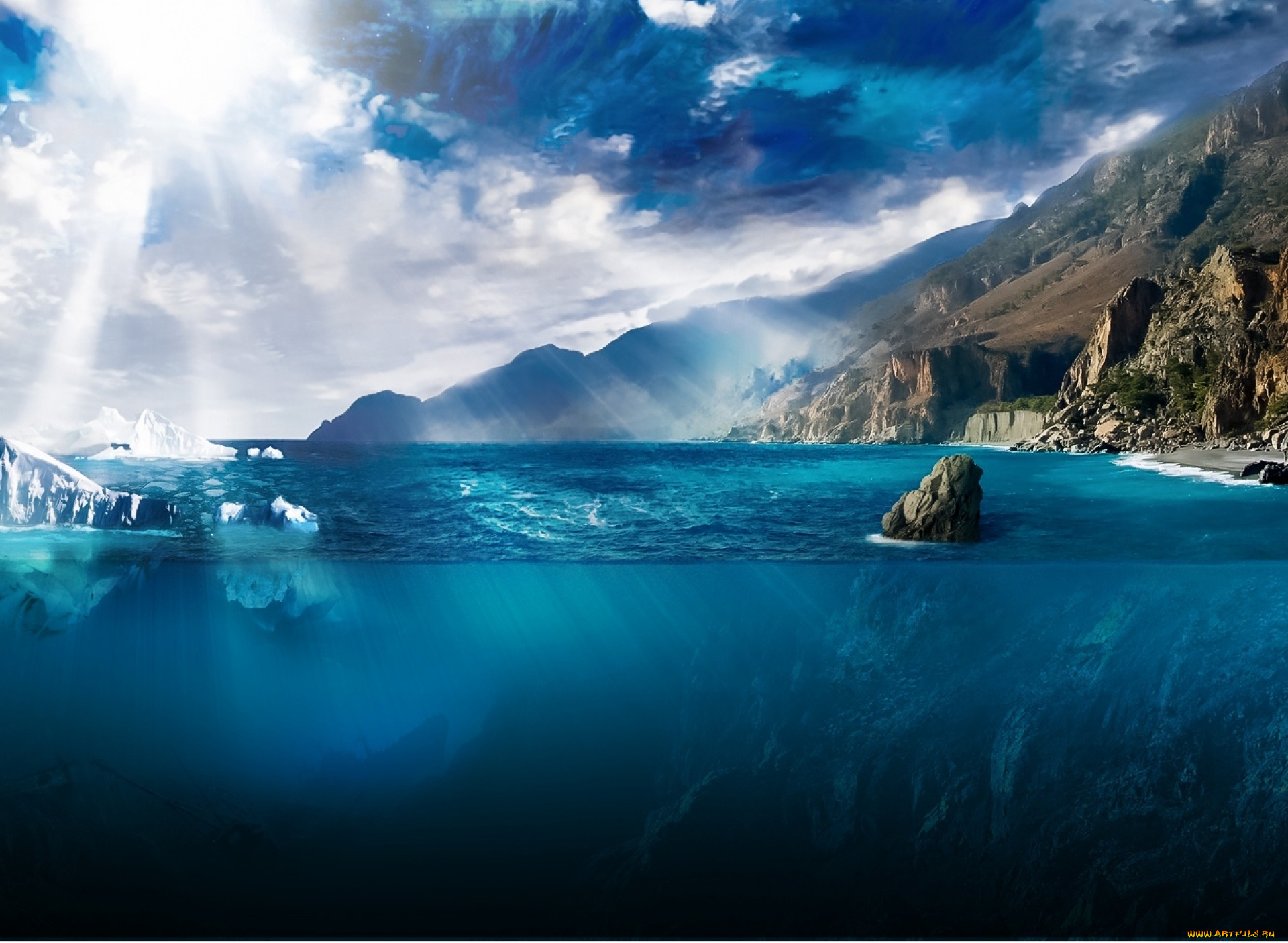 природа, побережье, камни, берег, море, айсберг, облака, небо, лучи