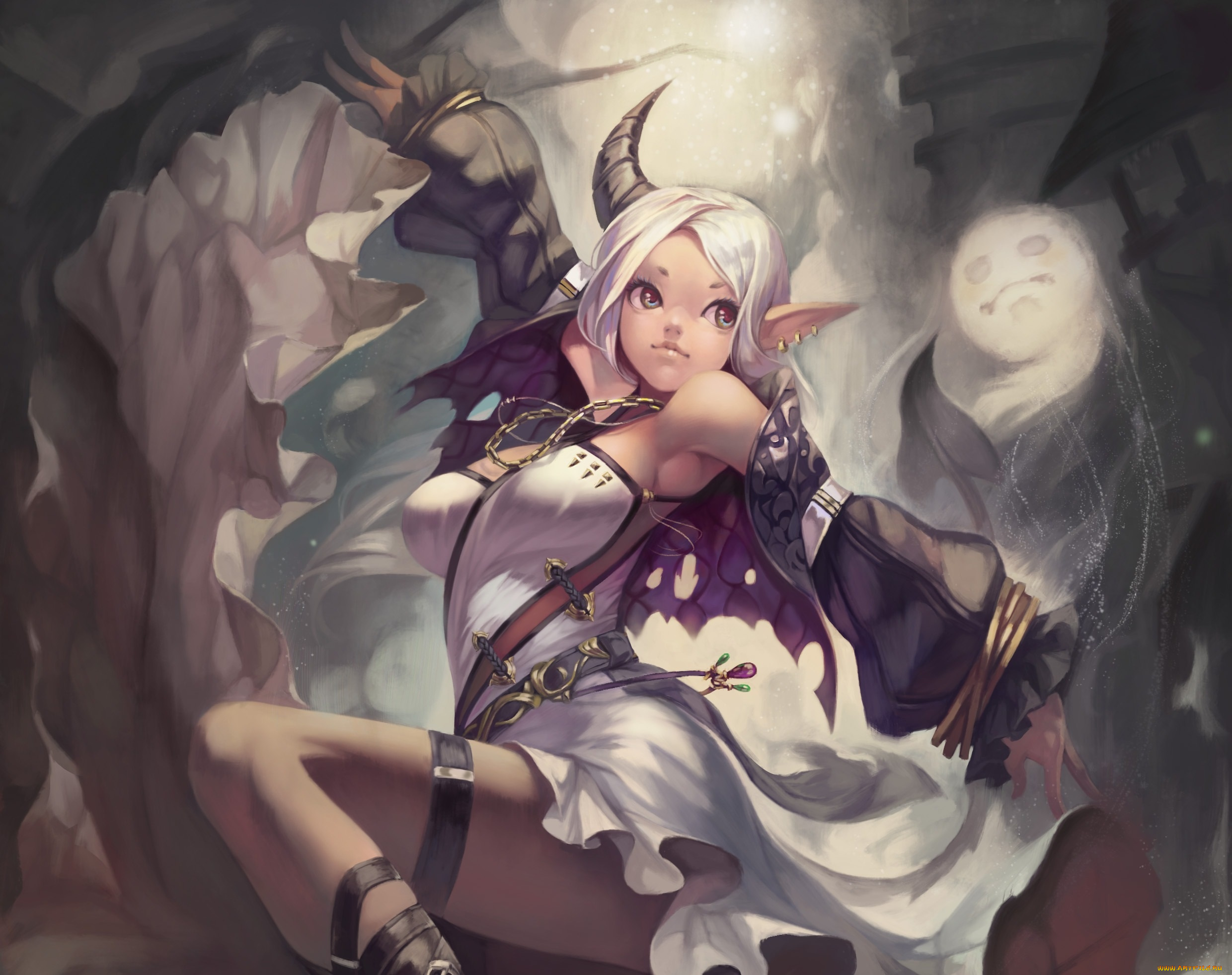 аниме, ангелы, , демоны, улыбка, weien, магия, девушка, рог, танец, art, жест