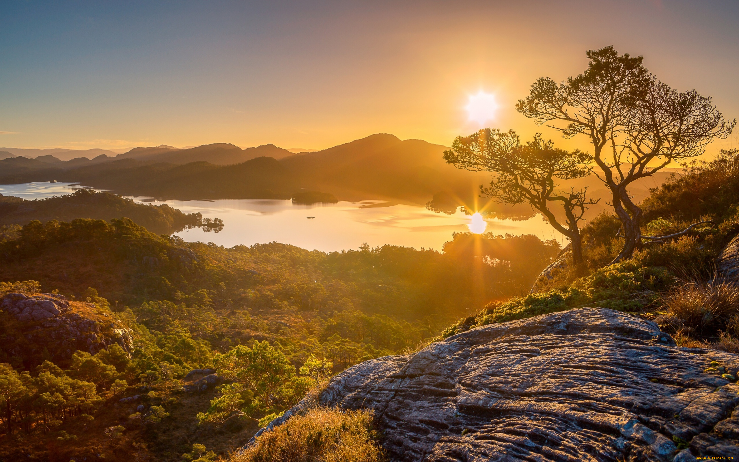 природа, восходы, закаты, горы, панорама, деревья