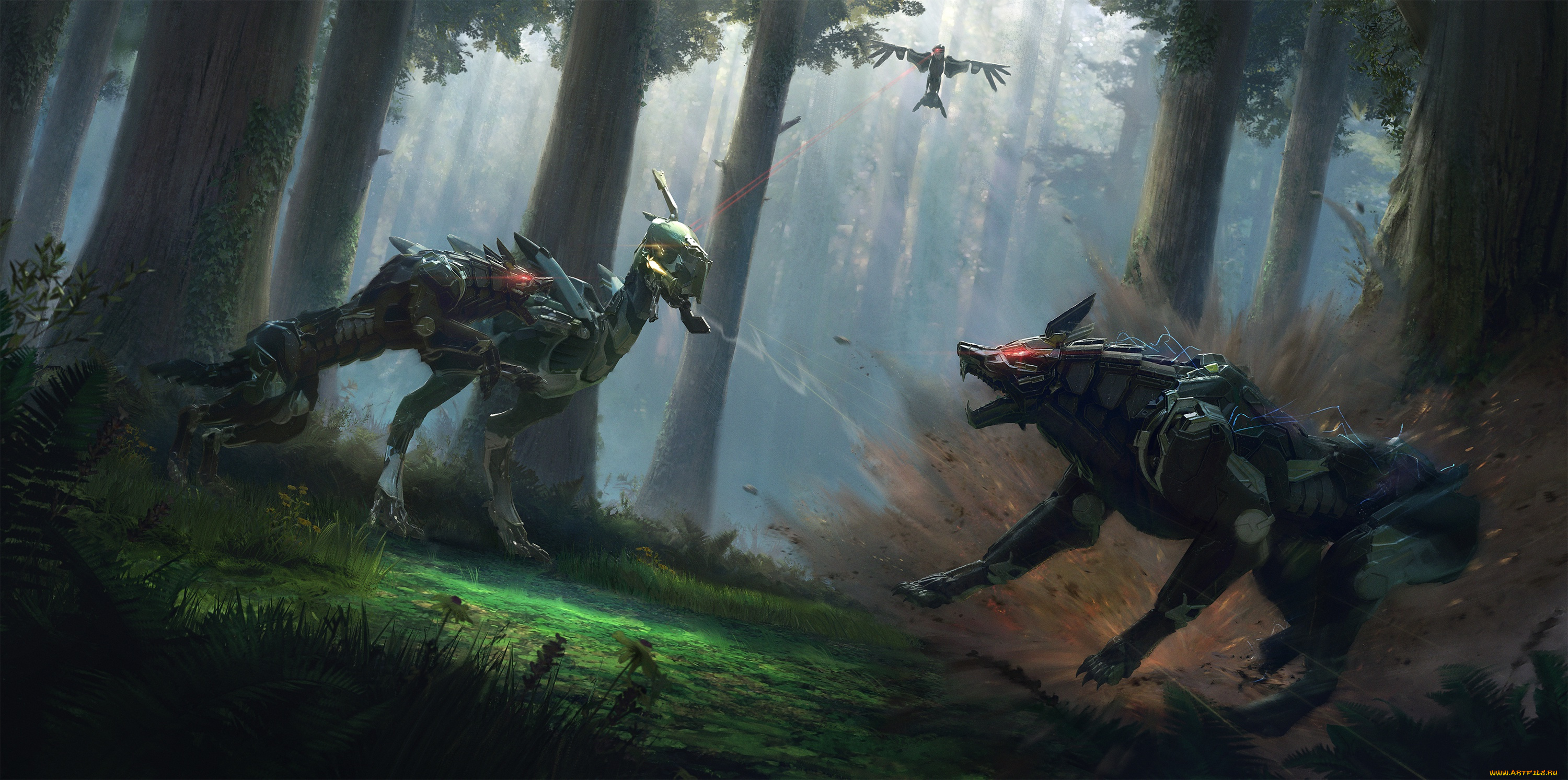 фэнтези, роботы, , киборги, , механизмы, фантастика, волк, схватка, птица, ворон