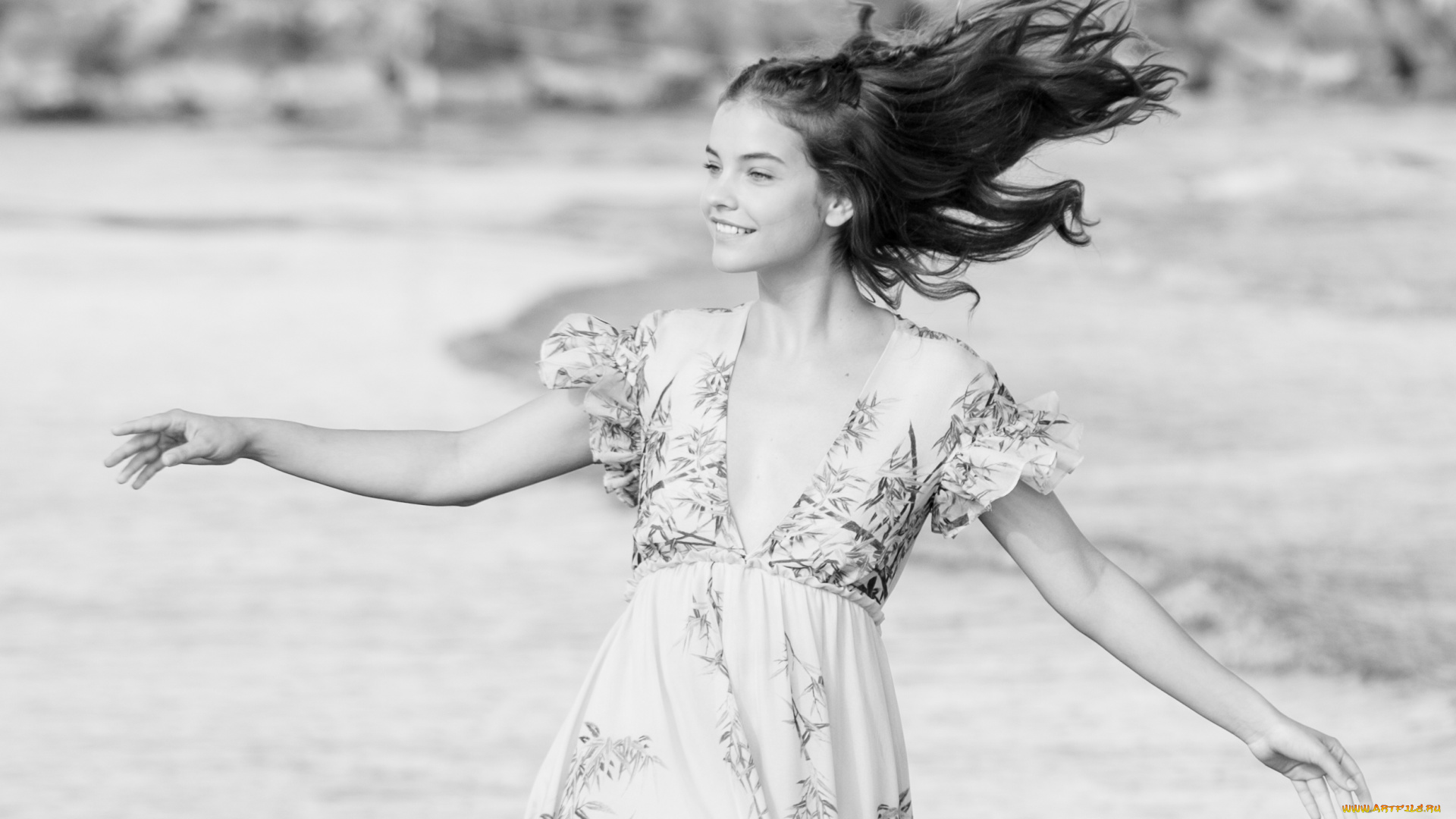 девушки, barbara, palvin, модель, платье, море, радость, улыбка