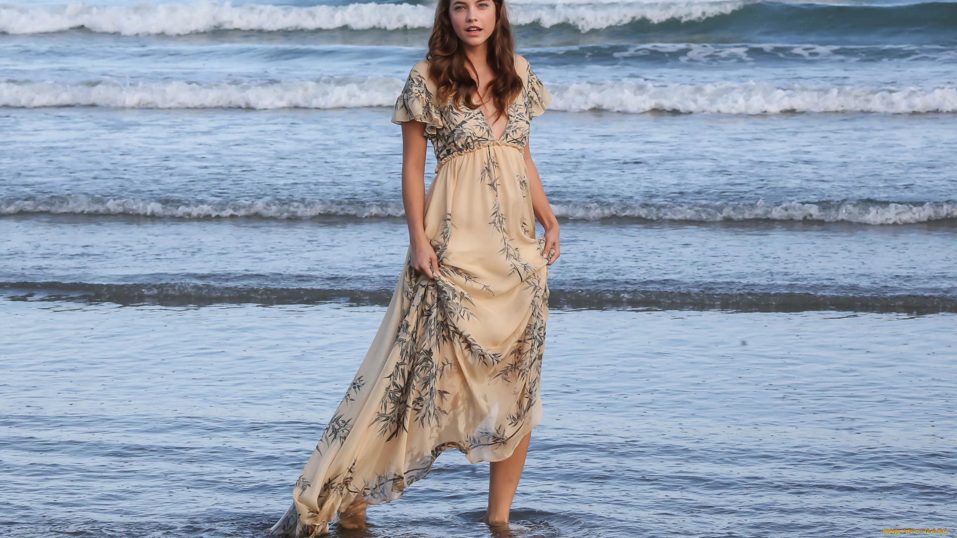 девушки, barbara, palvin, модель, платье, море, волны