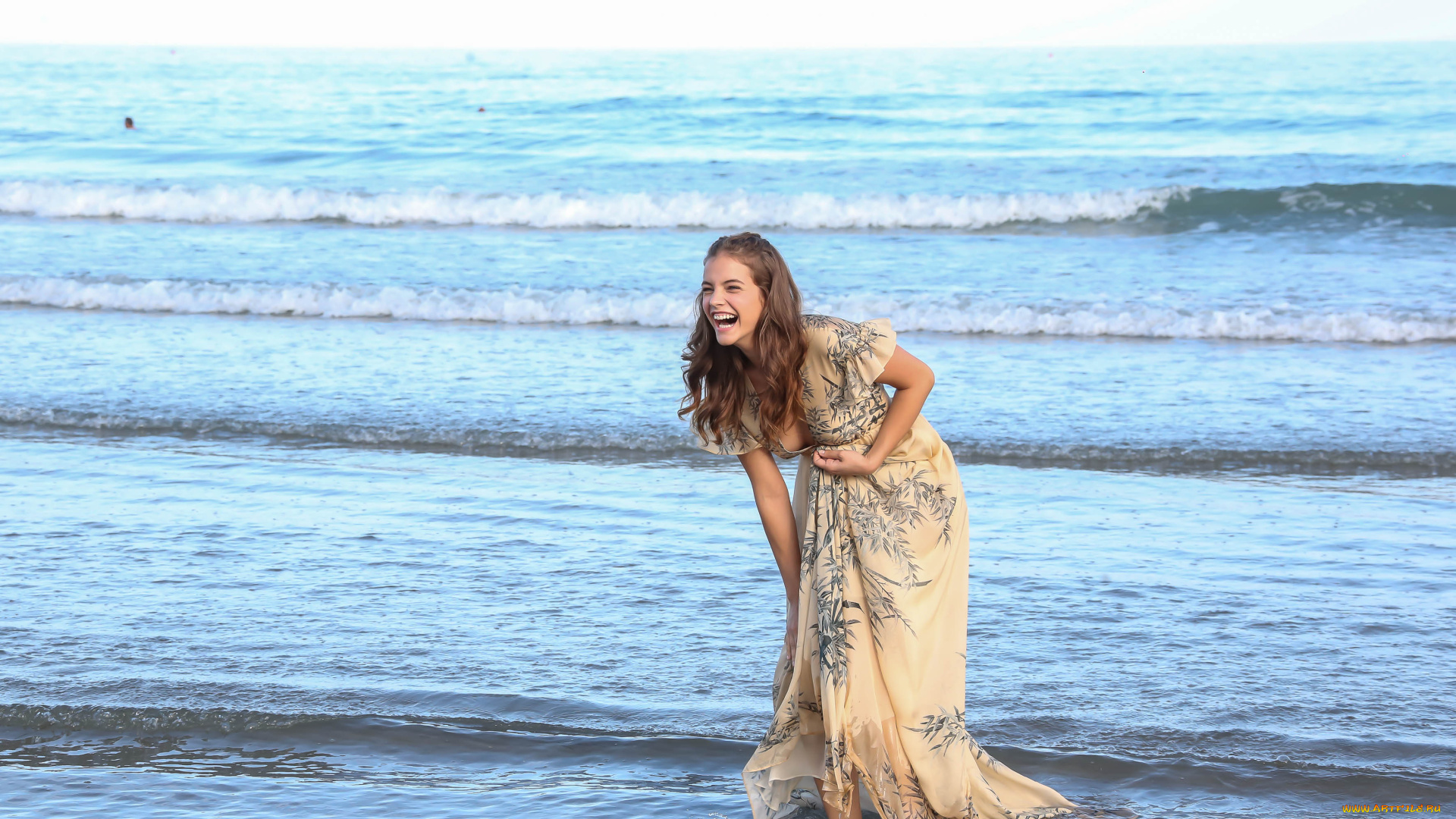 девушки, barbara, palvin, модель, платье, море, радость, смех