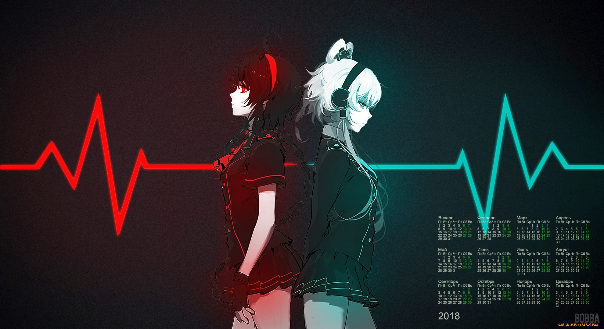 календари, аниме, 2018, девушка, двое, наушники, униформа