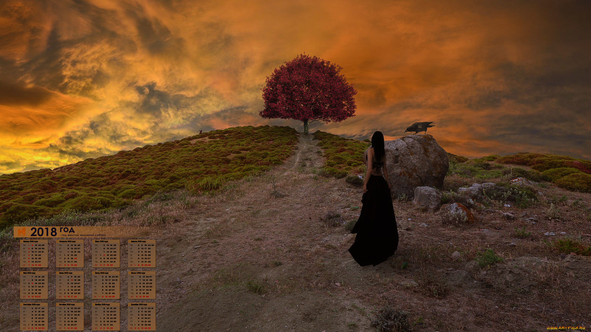 календари, компьютерный, дизайн, 2018, девушка, птица, дерево