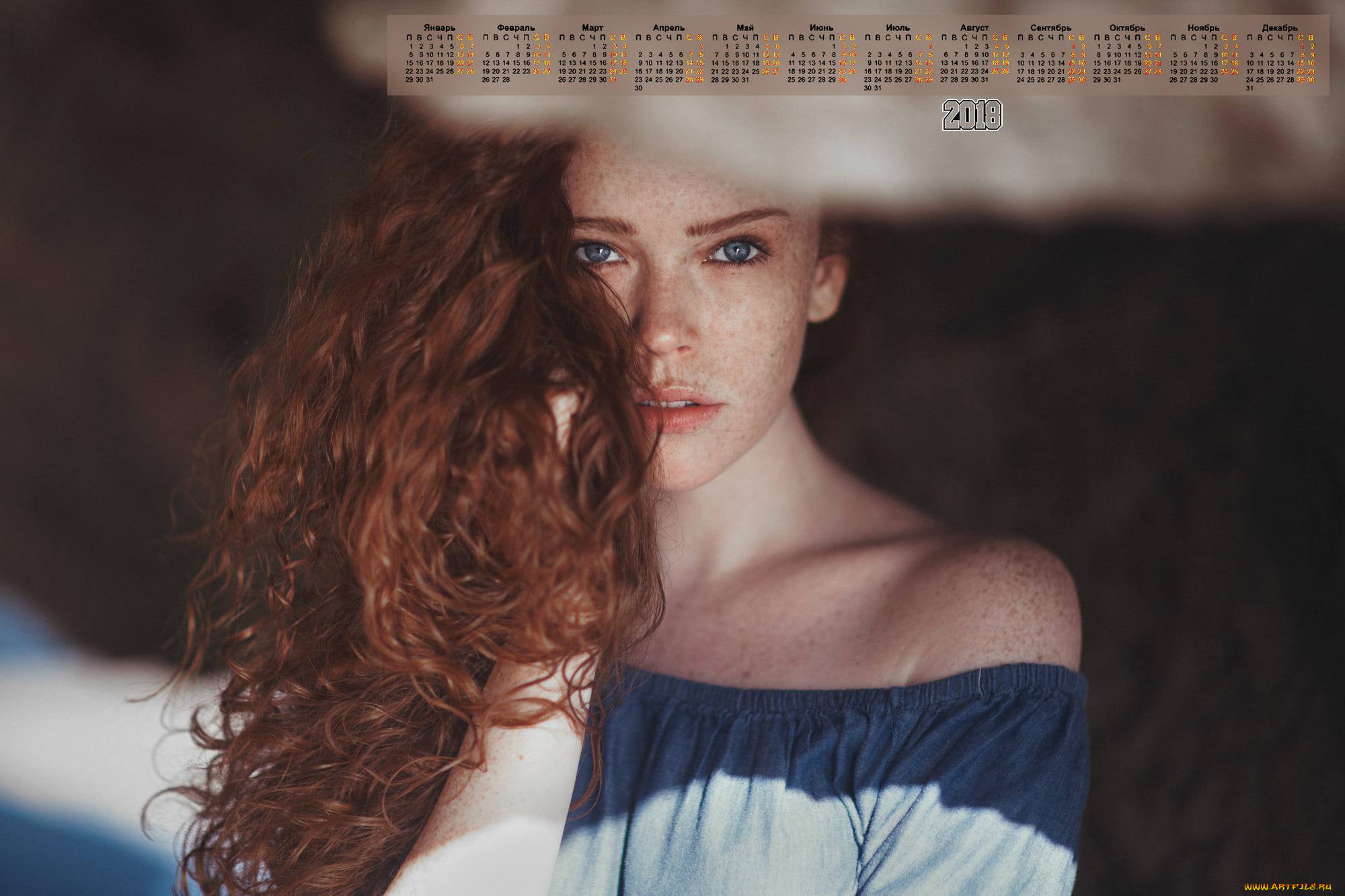 календари, девушки, 2018, взгляд, лицо, веснушки