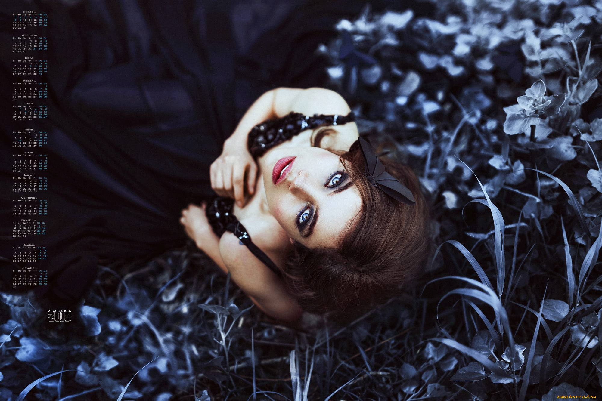 календари, девушки, взгляд, 2018, макияж, растения