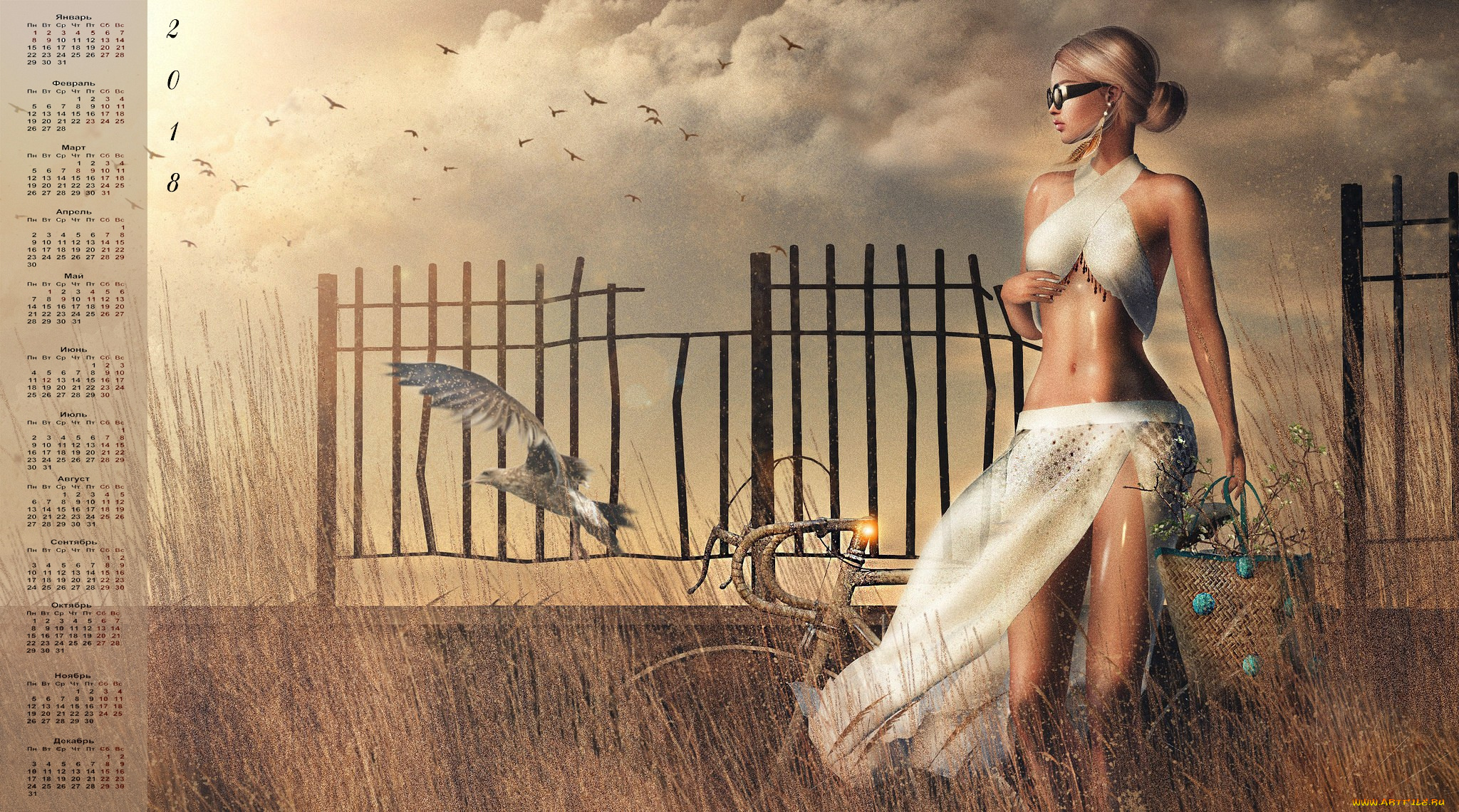 календари, 3д-графика, 2018, девушка, сумка, очки, птица, велосипед