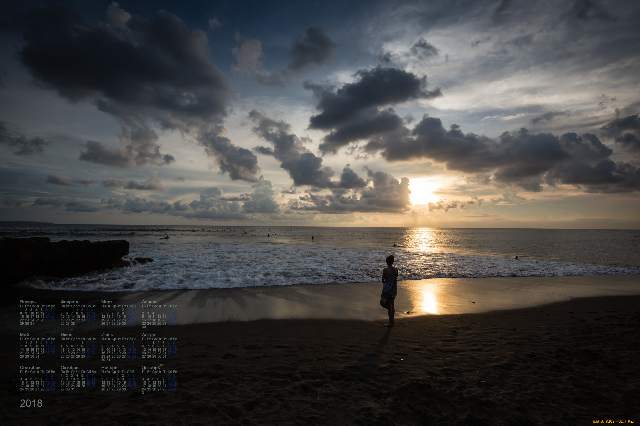 календари, природа, 2018, водоем, девушка, закат