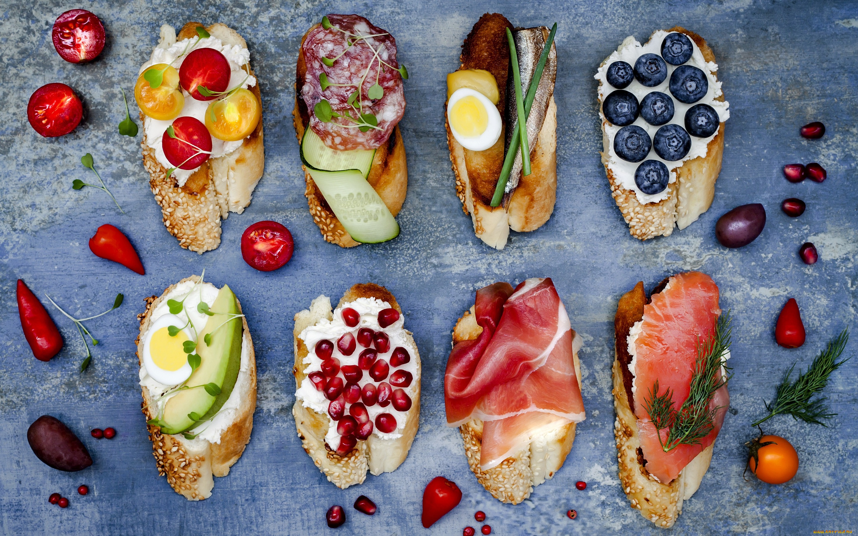 еда, бутерброды, , гамбургеры, , канапе, хлеб, brushetta, ветчина, салями, овощи, брускетта, черри, багет, сыр, ягоды