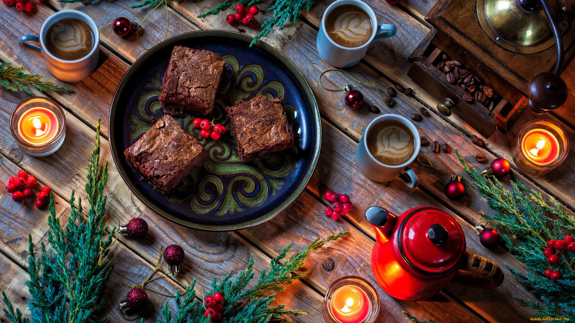 праздничные, угощения, кофе, ягоды, стиль, ветки, шарики