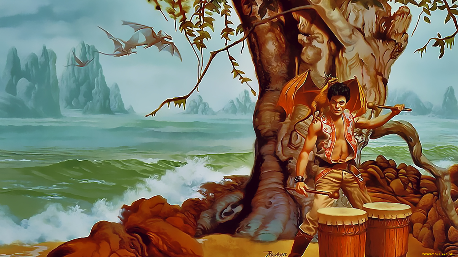 календари, фэнтези, мужчина, барабан, водоем, дракон, дерево, calendar, 2019
