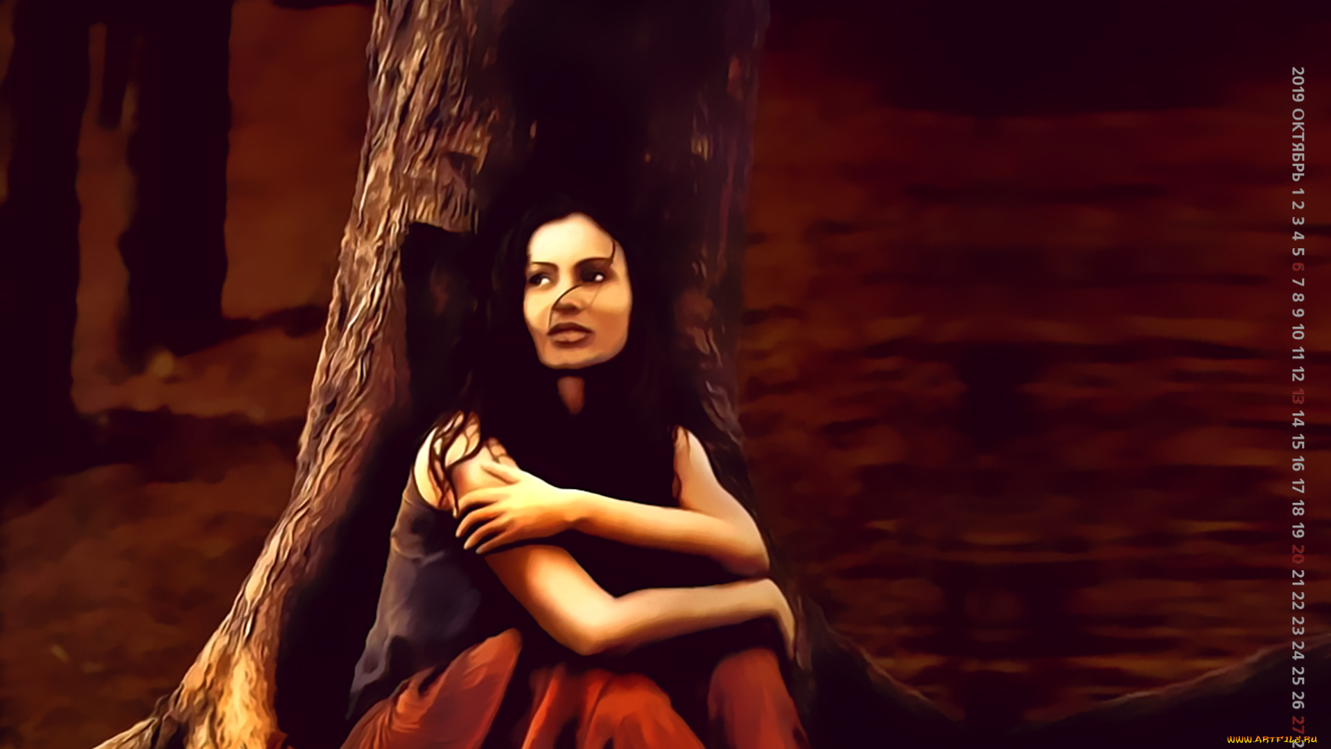 календари, рисованные, , векторная, графика, calendar, девушка, 2019, дерево