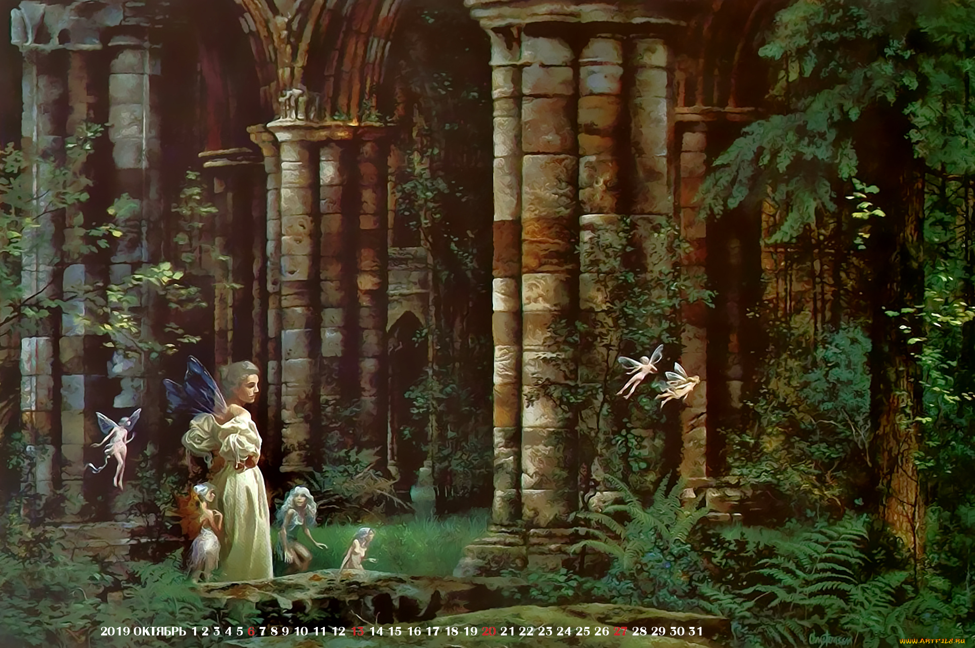календари, фэнтези, архитектура, колонна, женщина, крылья, фея, растение, calendar, 2019