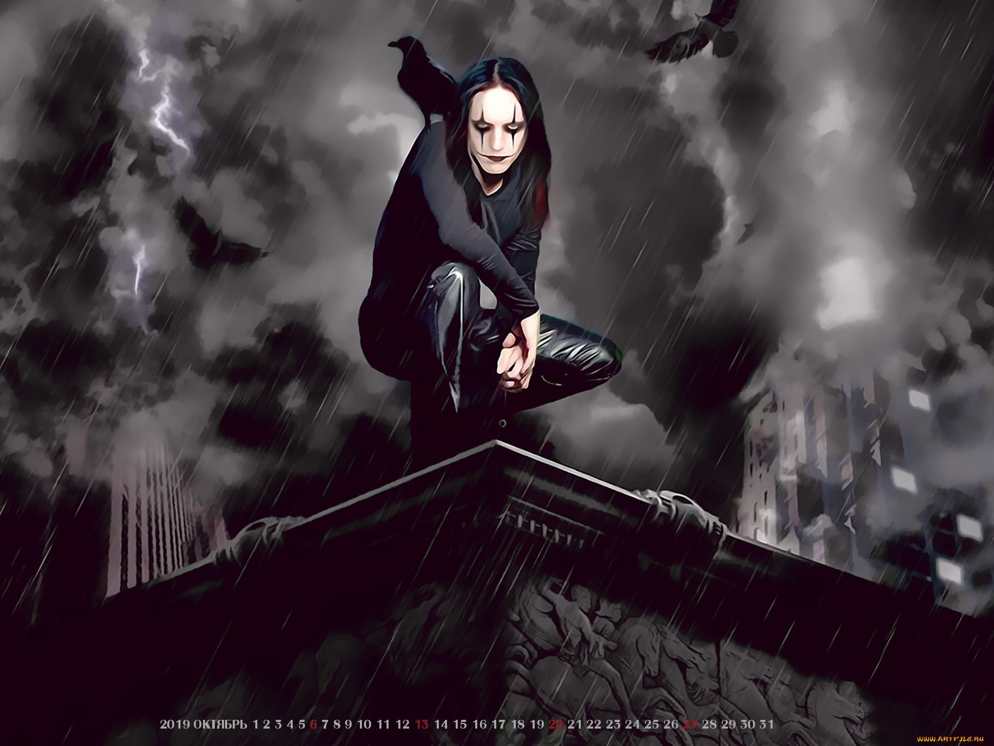 календари, фэнтези, человек, птица, ночь, дождь, город, здание, calendar, 2019